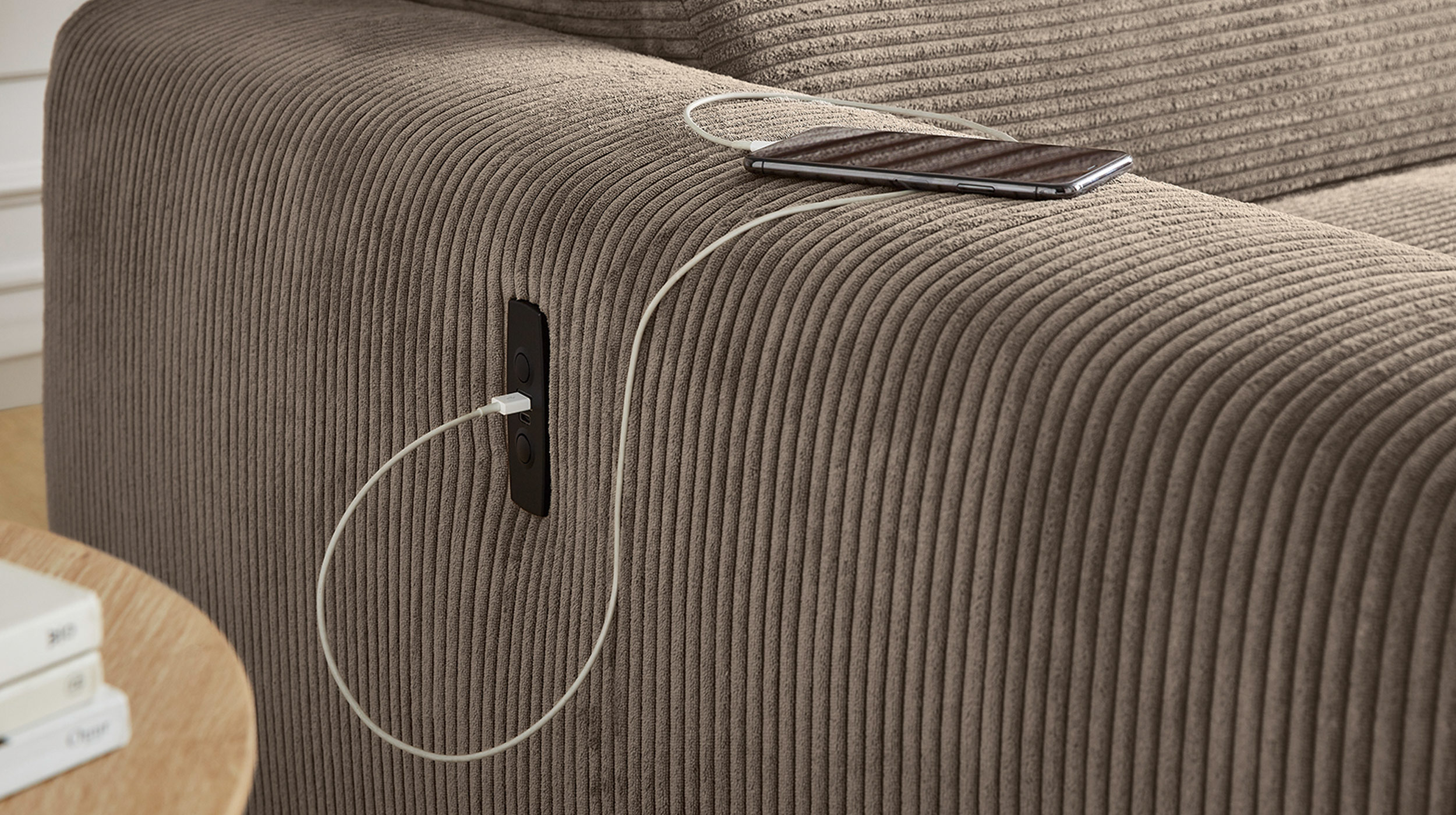 Ecksofa Cord taupe 277 x 187 cm mit Relaxfunktion - SLIDER
