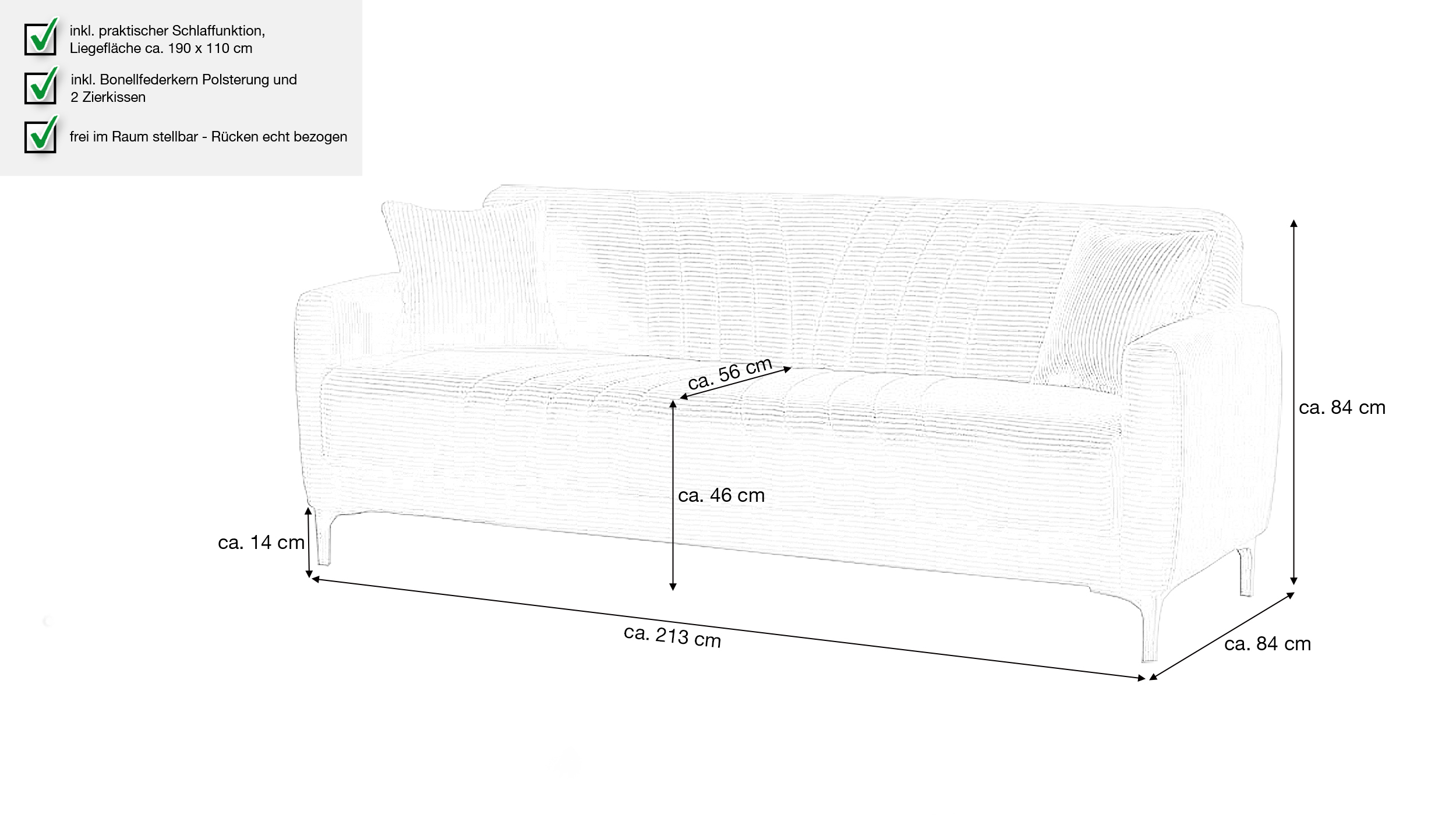 Einzelsofa Cord mit Schlaffunktion 213 cm 3-Sitzer - anthrazit - COMADIO 