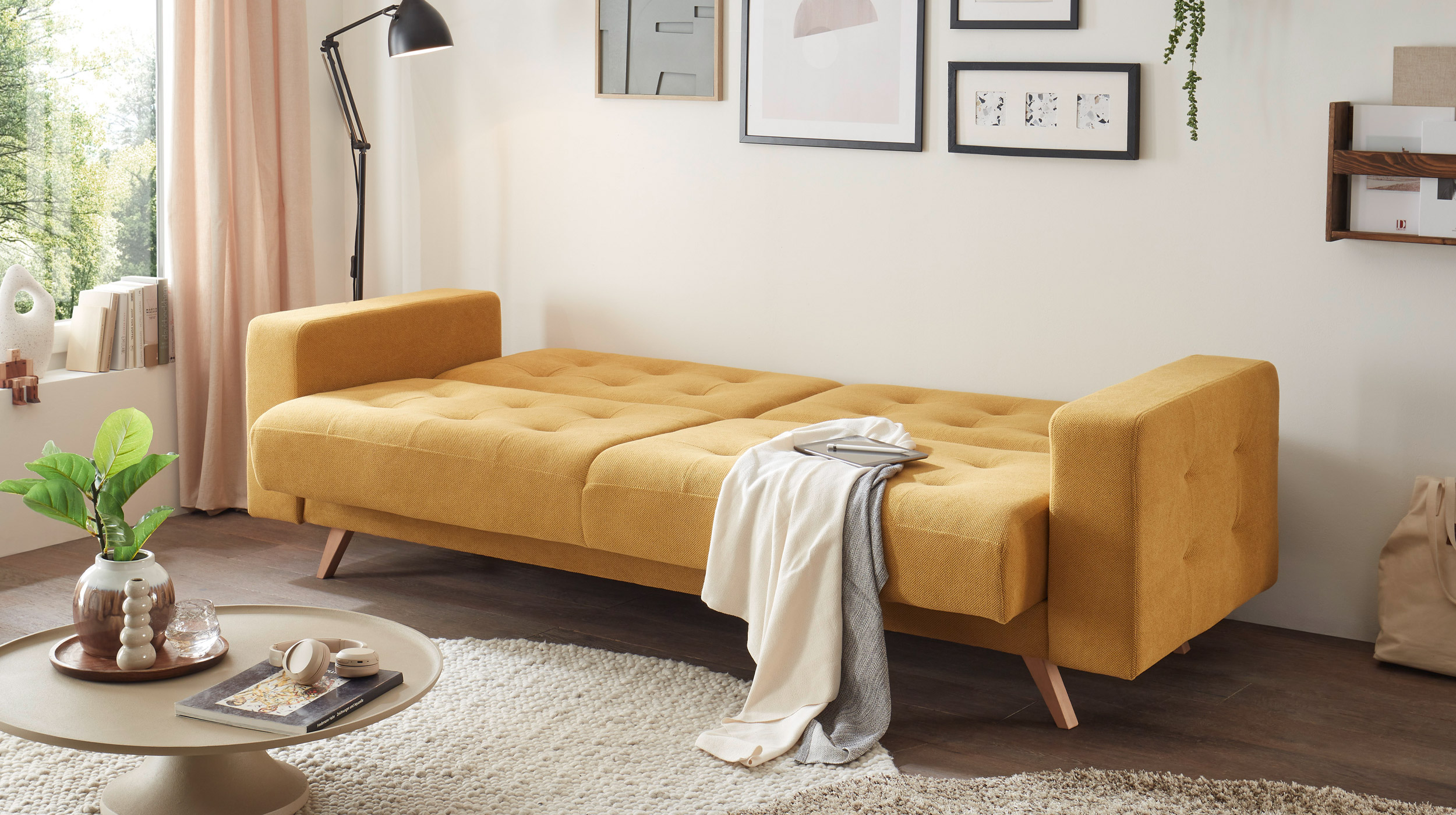 Einzelsofa 3-Sitzer gelb Schlaffunktion Bettkasten 230 cm - TRANDAL
