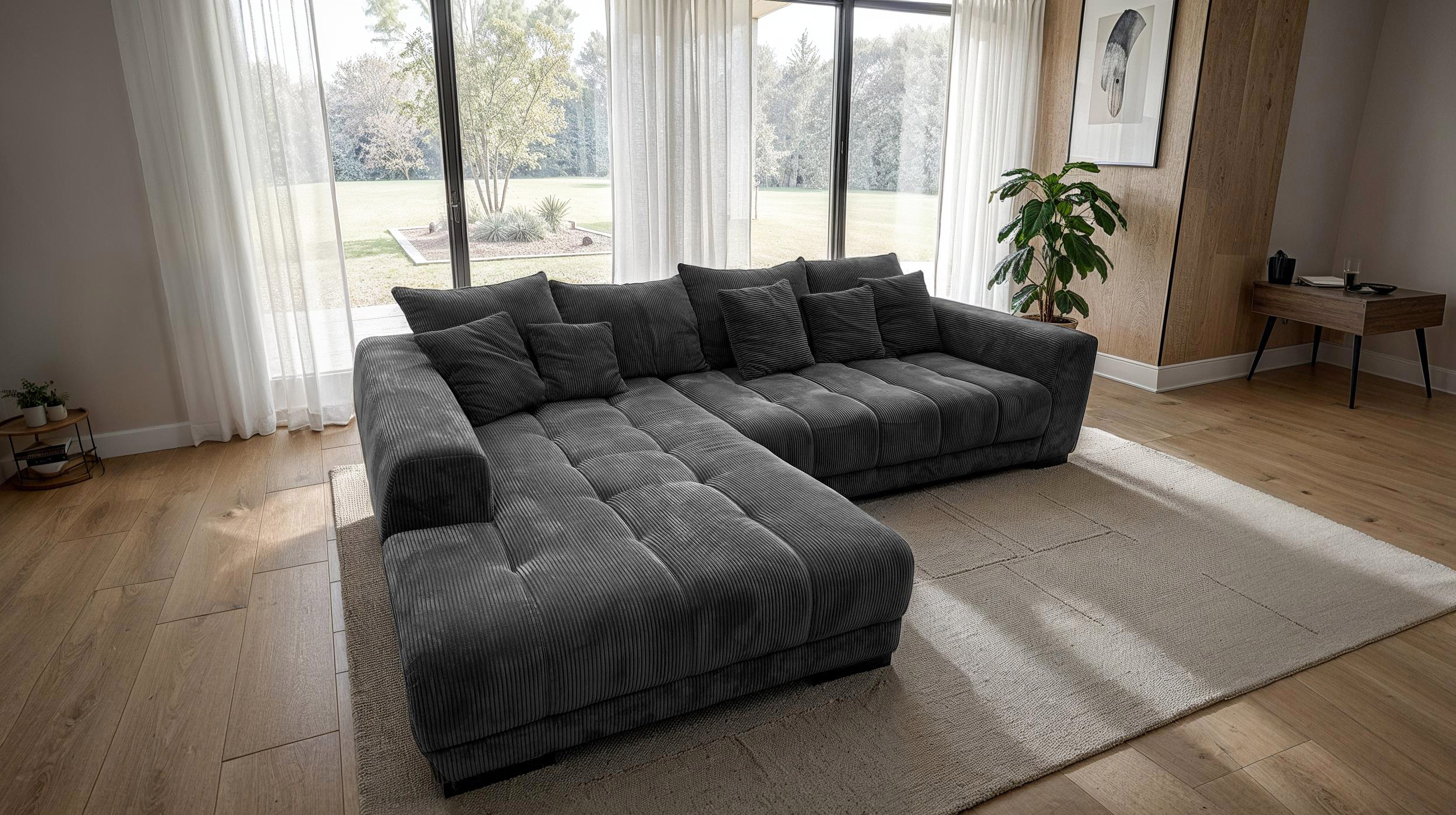 Ecksofa Cord grau elektrisch ausfahrbar 300 cm - OT links - ARTEMIS