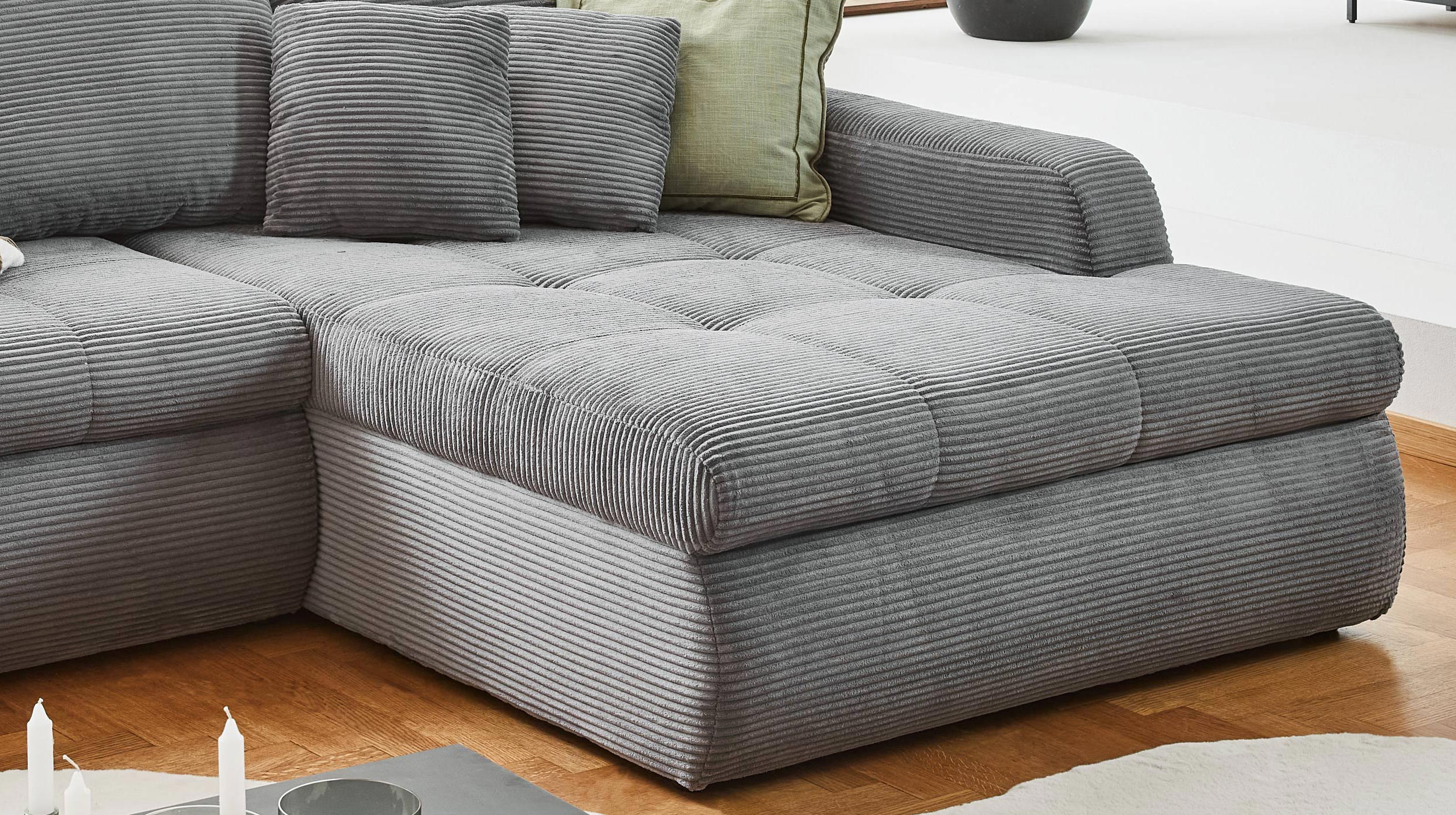 Ecksofa Cord Schlaffunktion Bettkasten grau 241 cm - OT rechts - LUNO