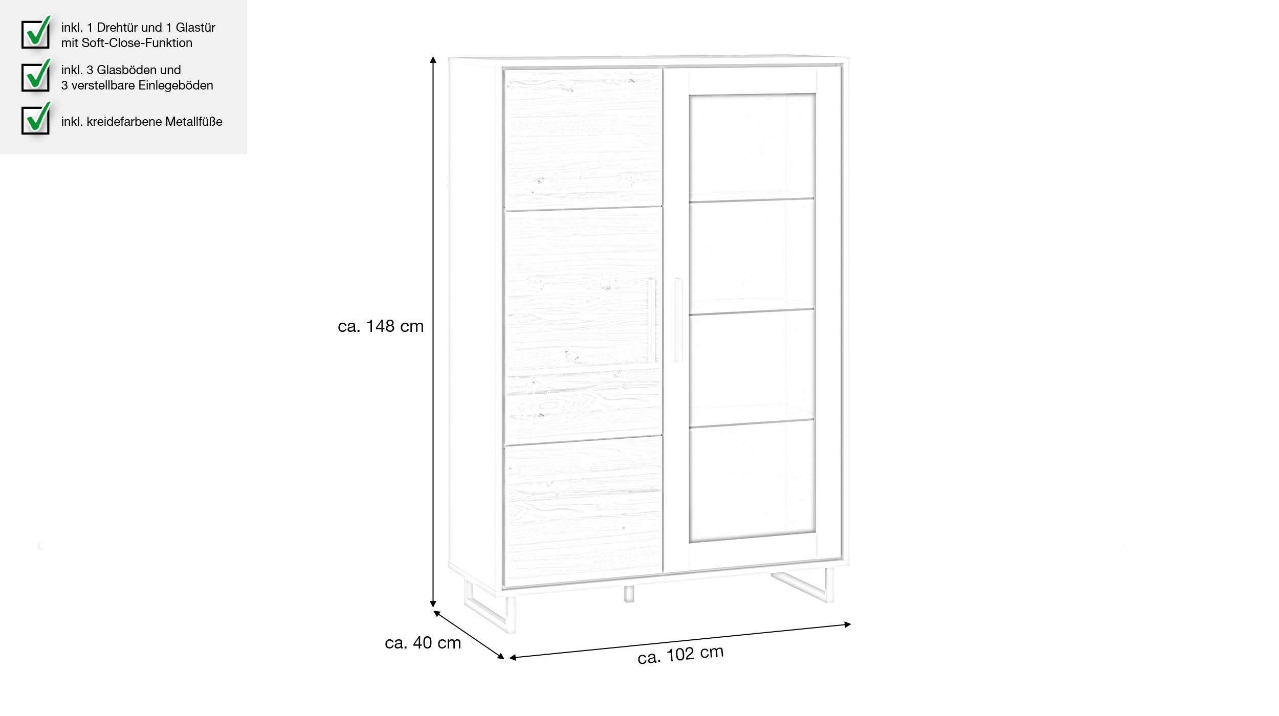 Vitrine mit Glastür Eiche teilmassiv geölt Breite 102 cm - KAI 
