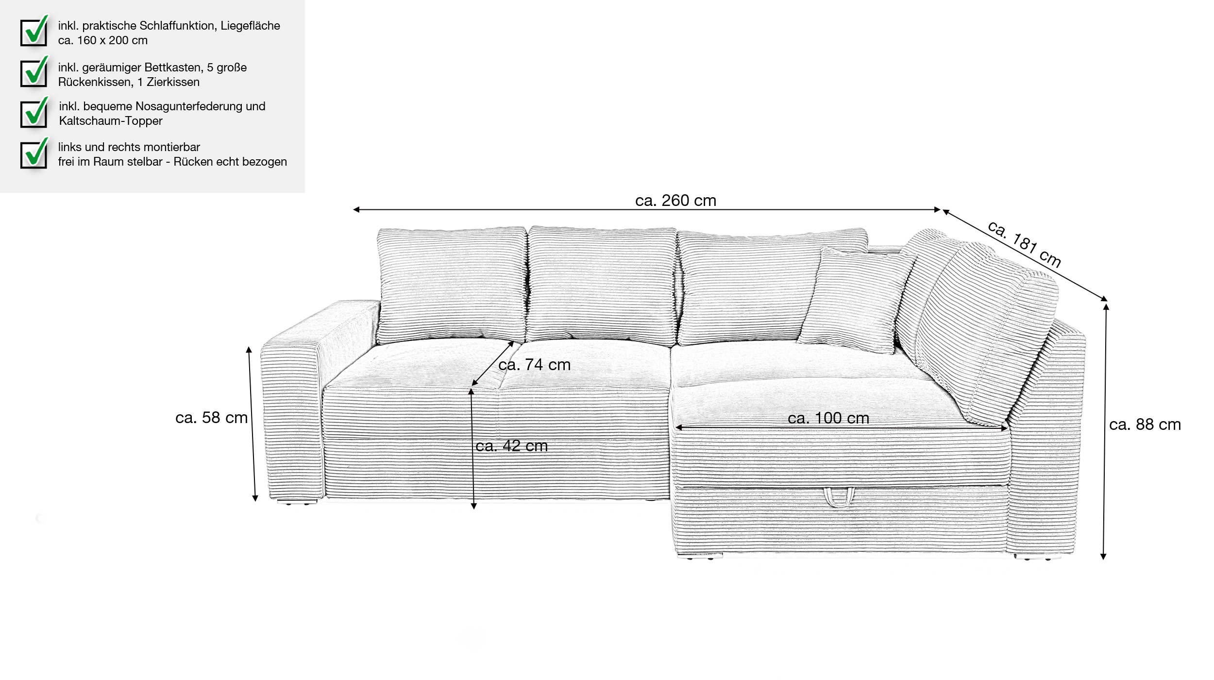 Ecksofa Cord Schlaffunktion grau - Bettkasten 260 cm - JANIS