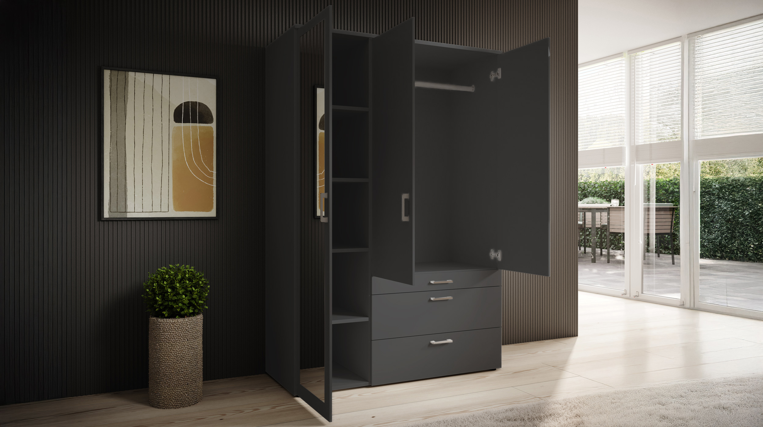 Kleiderschrank graphit mit Spiegel - 135 cm - 3-türig - VESALA