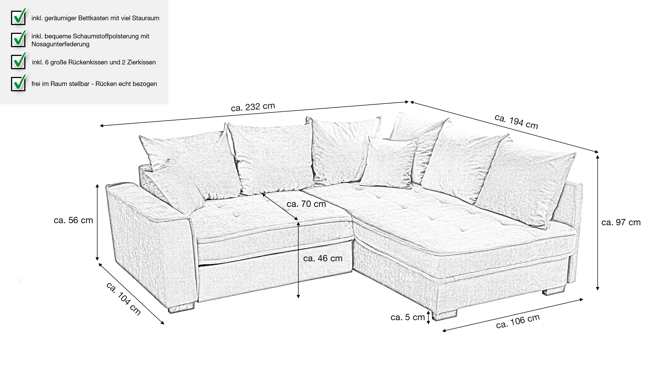 Ecksofa mit Bettkasten anthrazit 232 x 194 cm - MONTEVIDEO