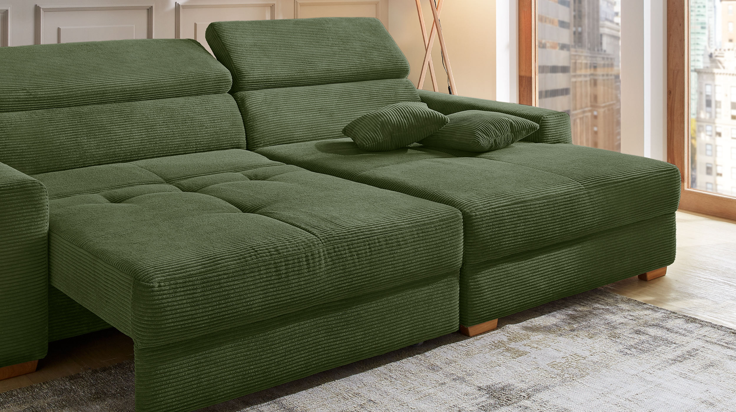 Ecksofa Cord grün ausziehbar - Sitztiefenverstellung 277 cm - SLIDER