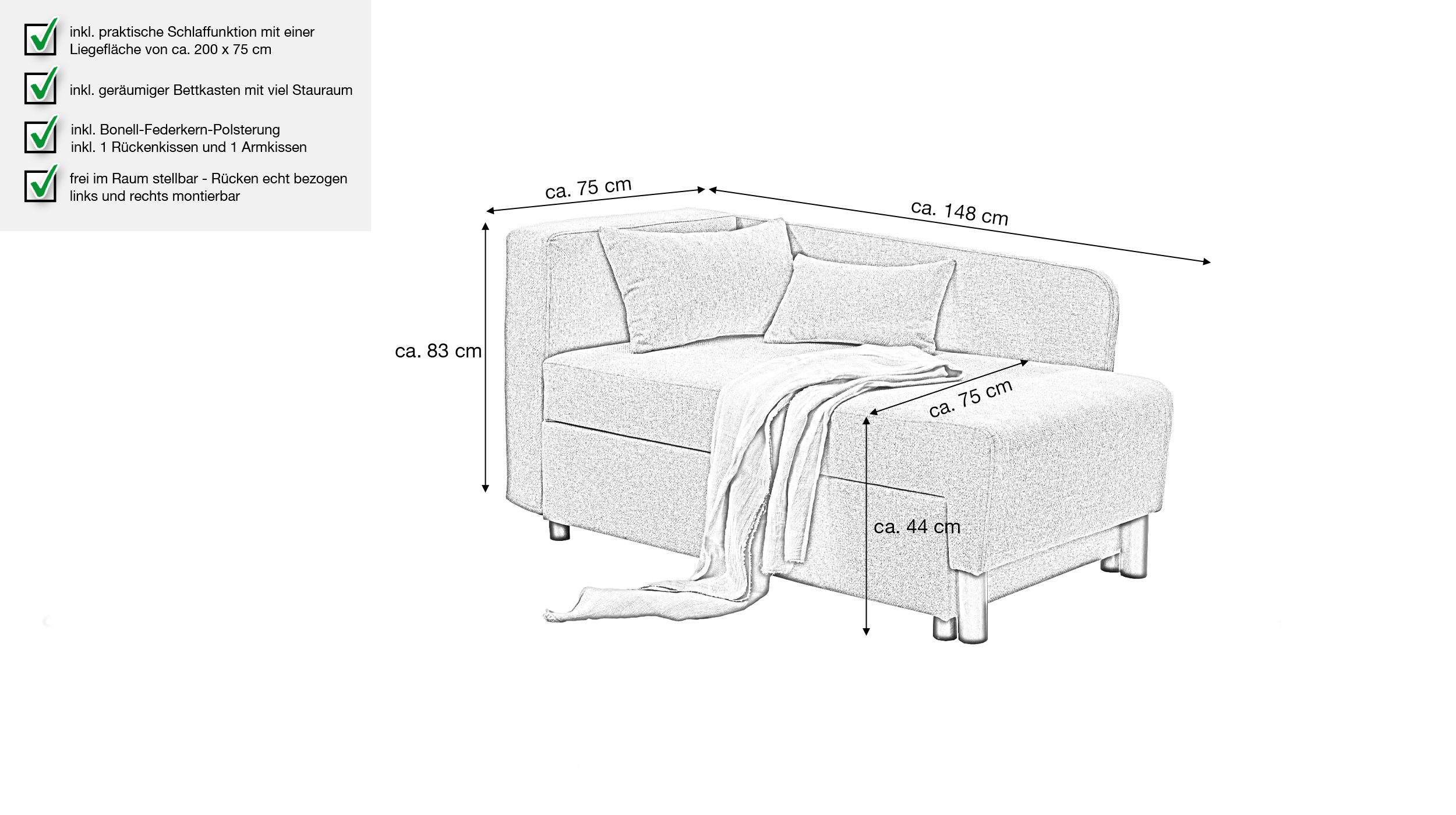 Einzelsofa 148 cm Recamiere grau Schlaffunktion - LÜBECK