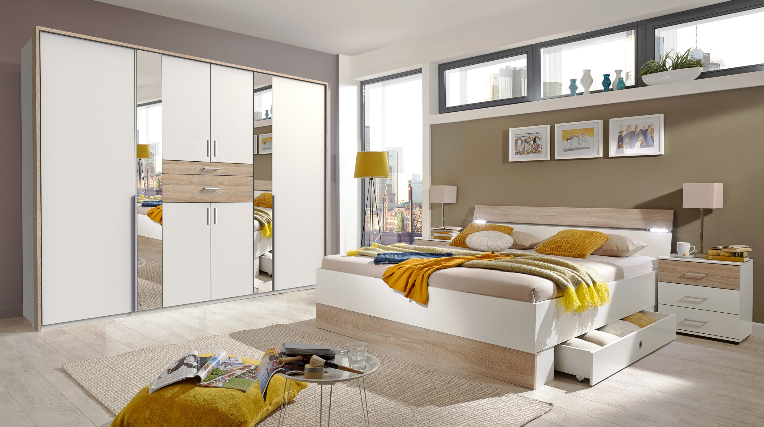 Kleiderschrank mit Spiegel - weiß - Sägerau Eiche - 270 cm - CHEEP