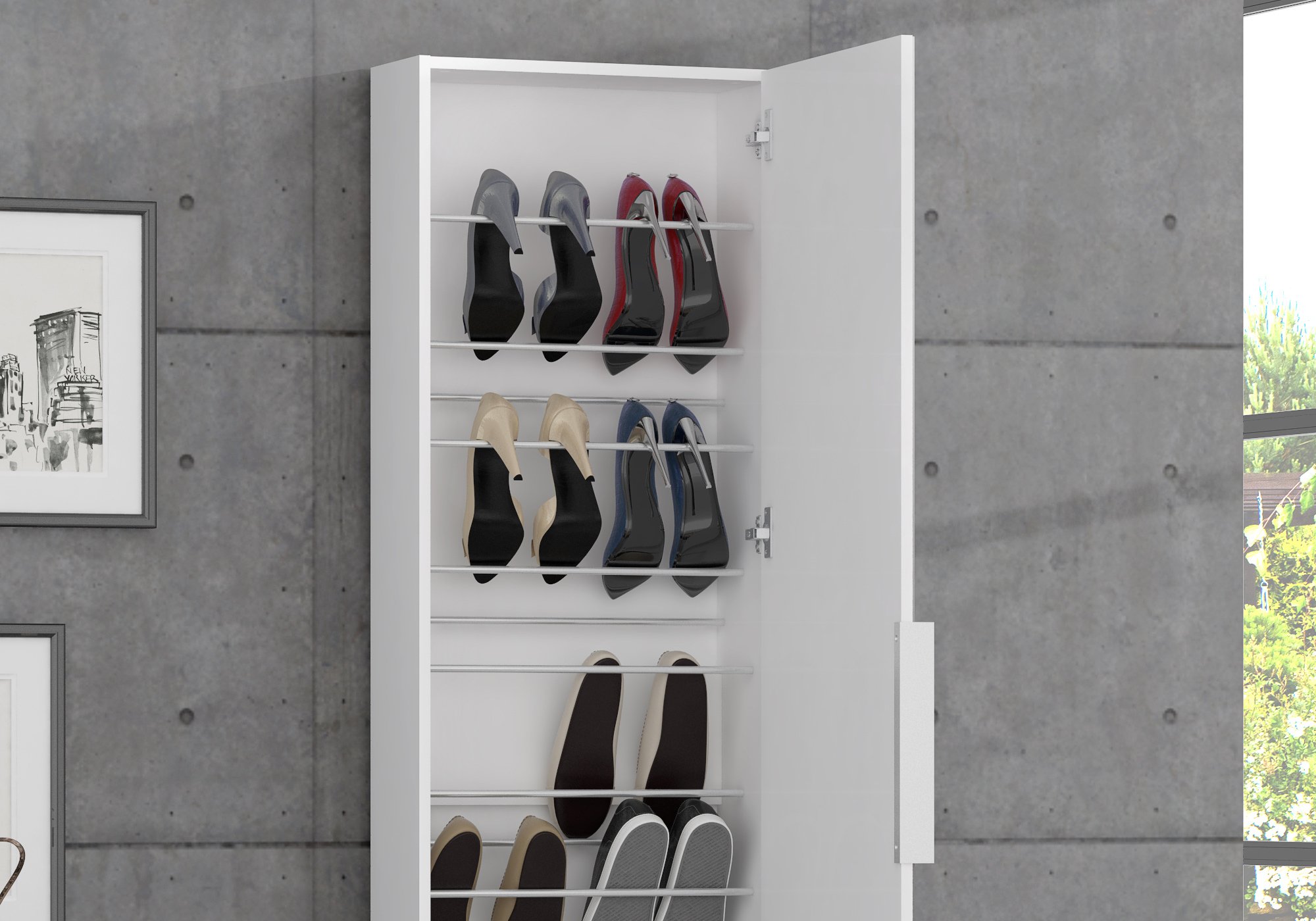 Schuhschrank weiß 180 cm - mit Spiegeltür - CALMA