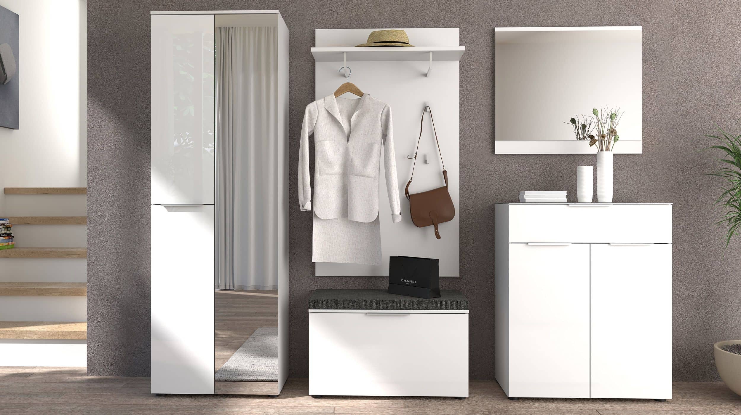 Garderoben-Set weiß Glasfront 255 x 196 cm - SANTORIN