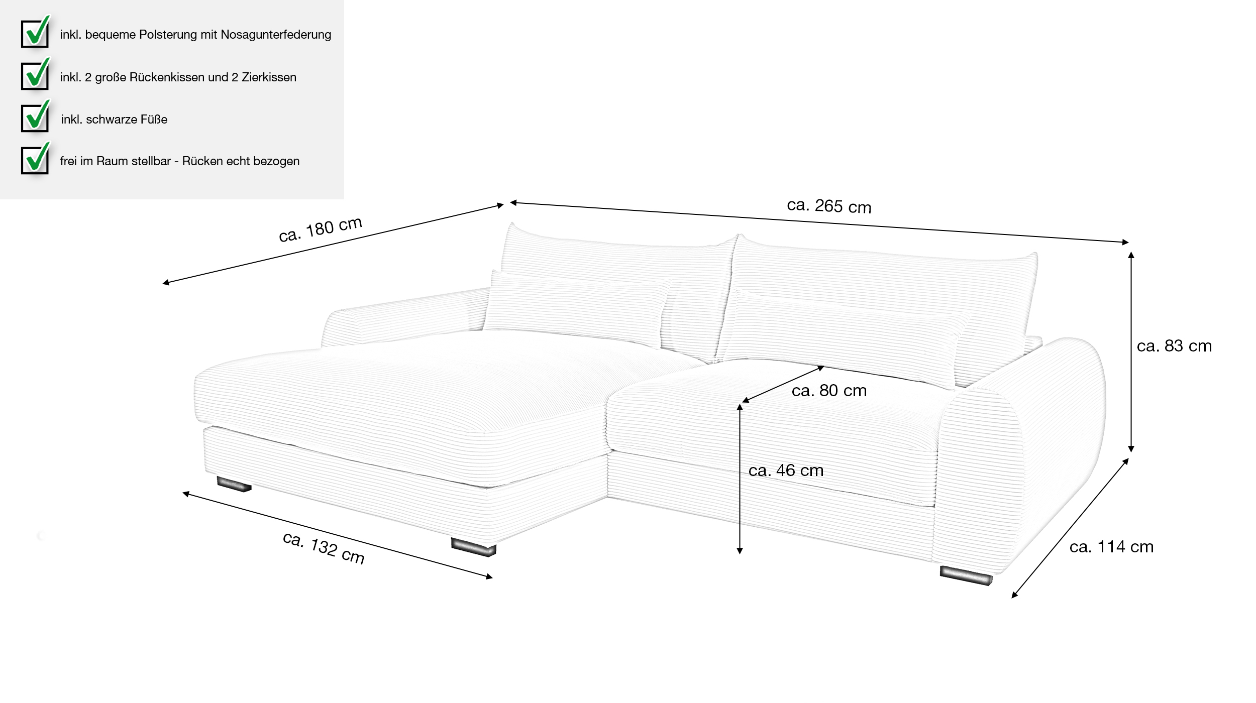 Ecksofa creme Cord 265 x 180 cm OT links - MARK