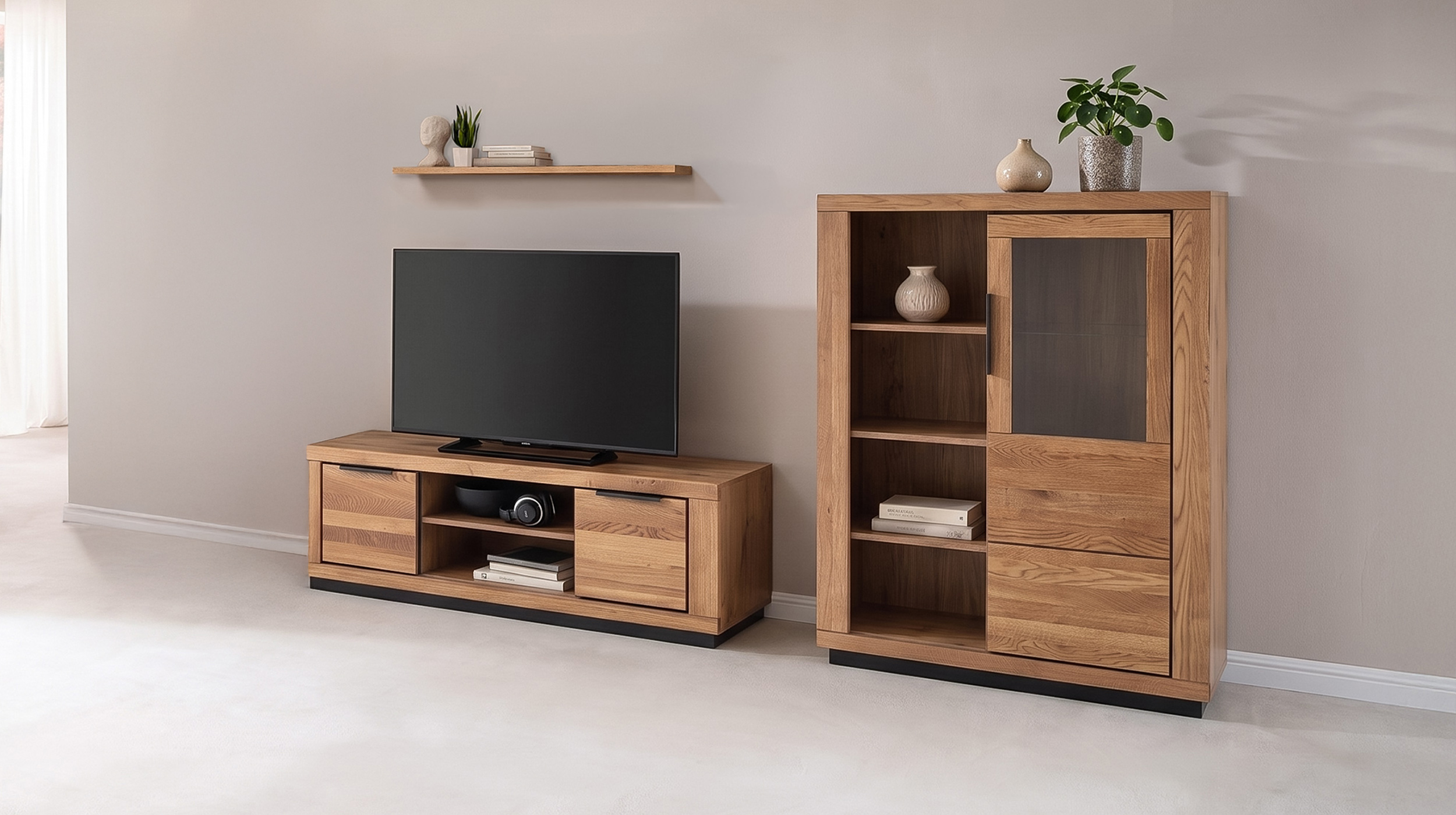 Wohnzimmer-Set Wildeiche 3-teilig mit Highboard und TV-Lowboard - GRENO
