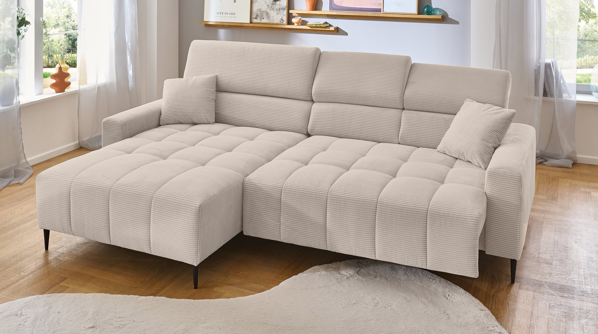 Ecksofa Cord beige ausziehbar - Sitztiefenverstellung 256 cm - OT links - SIMPLE  Ecksofa Cord beige ausziehbar - Sitztiefenverstellung 256 cm - OT links - SIMPLE