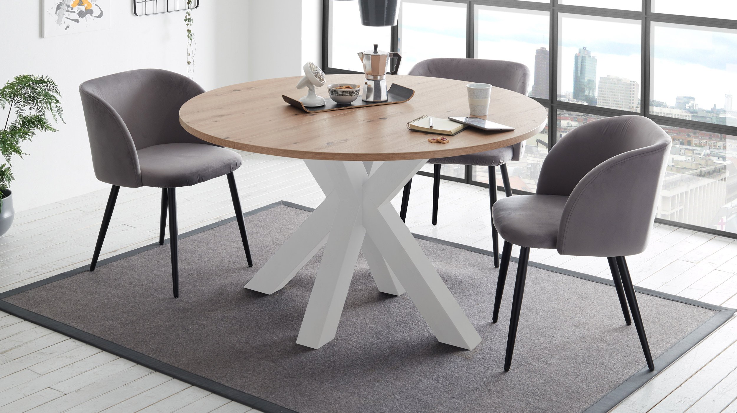 Esstisch rund ausziehbar 130 cm Asteiche - weiß - BIG SYSTEM