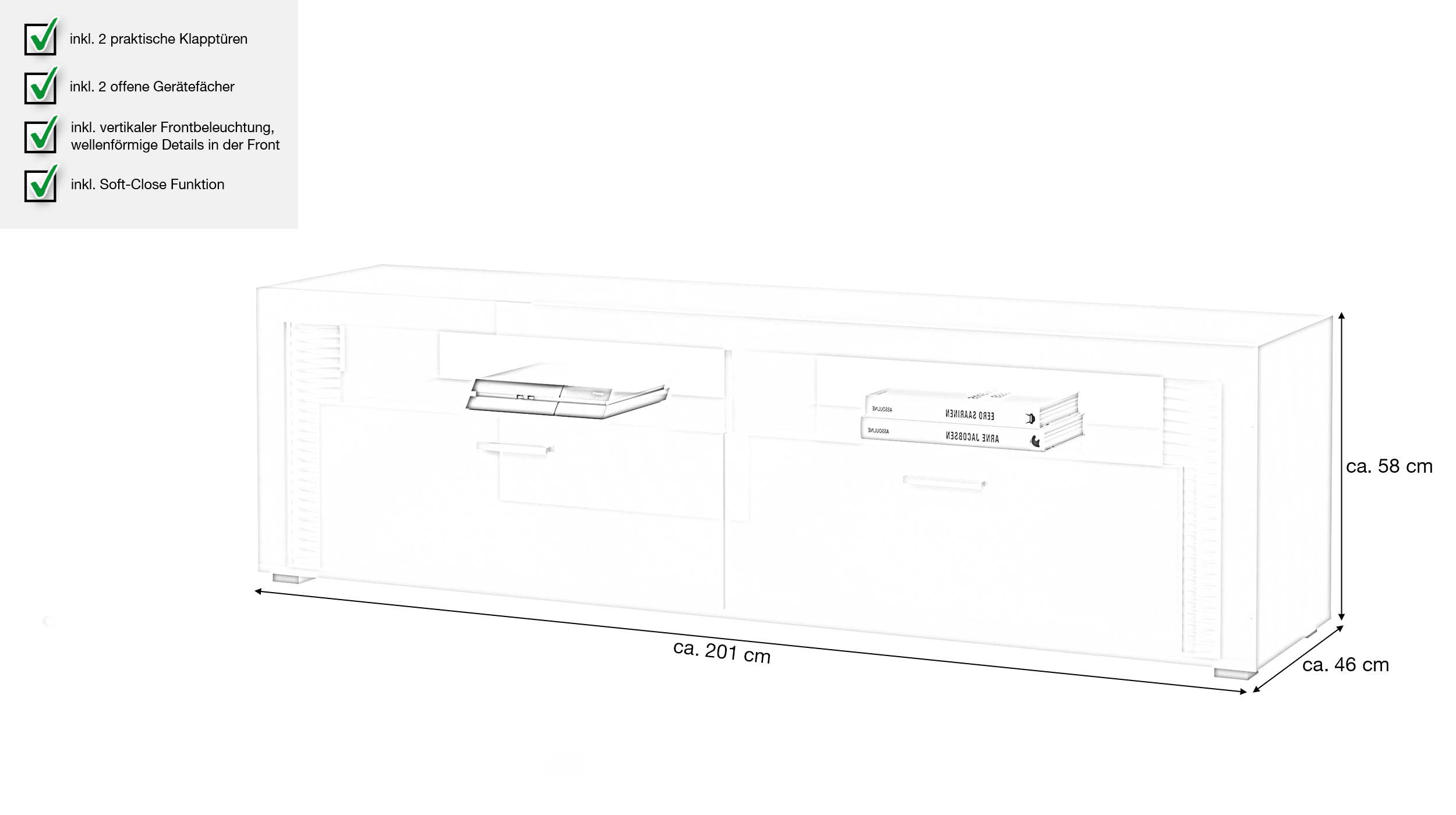 TV-Lowboard weiß hochglanz 201 cm - SKYLIGHT