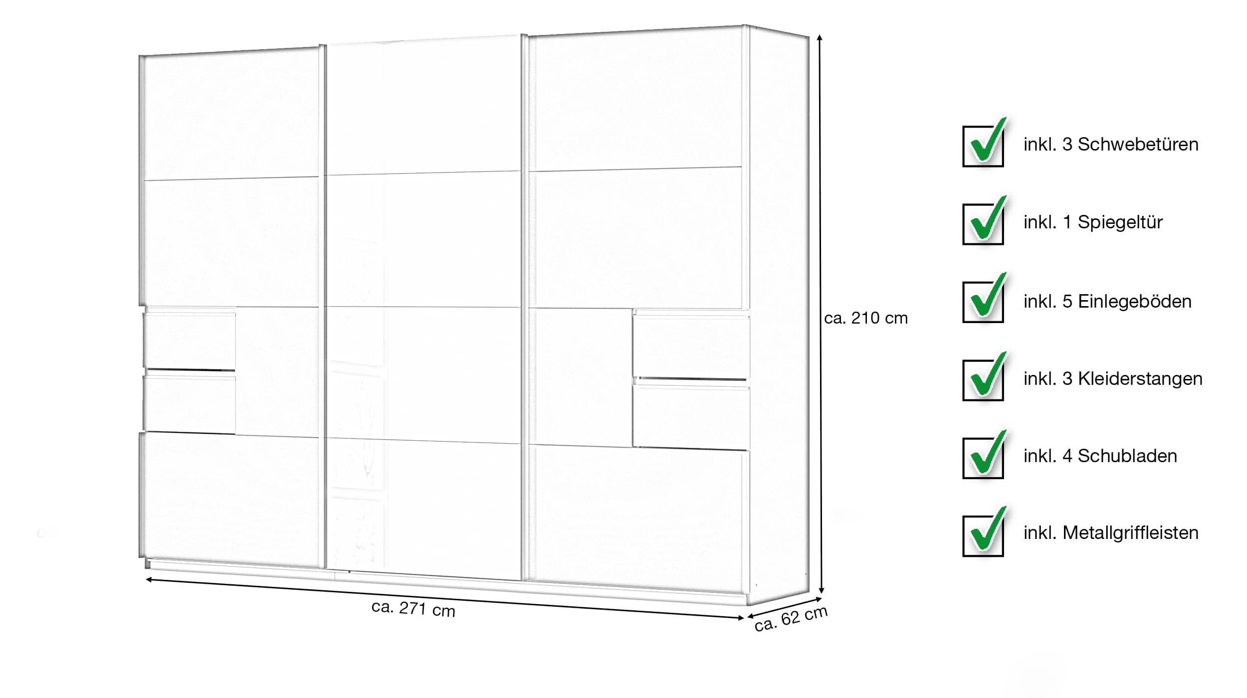 Schwebetürenschrank grau mit Spiegel 271 cm 3-türig - LUZIA