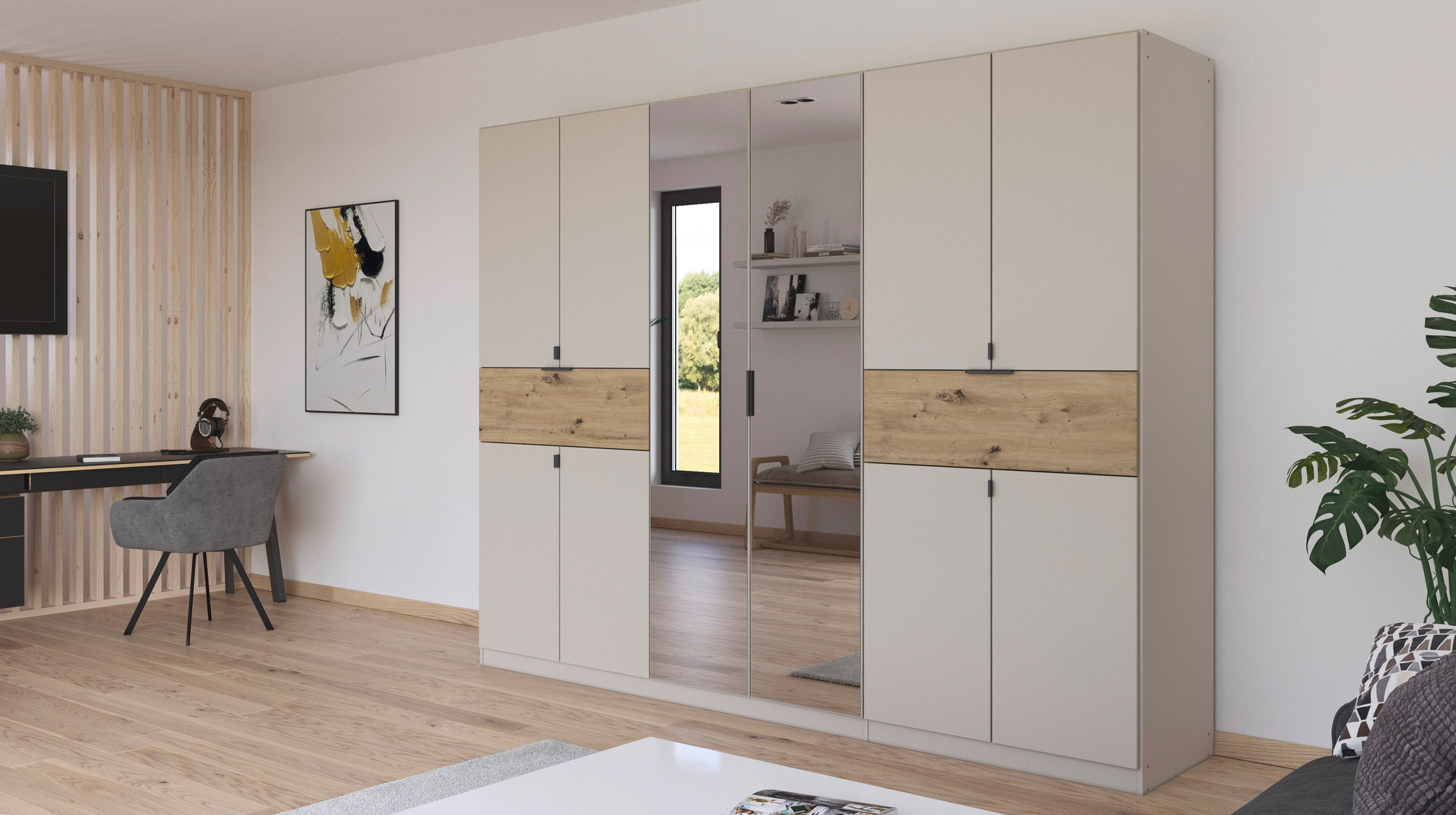 Kleiderschrank mit Spiegel champagner Eiche 271 cm - SAJO