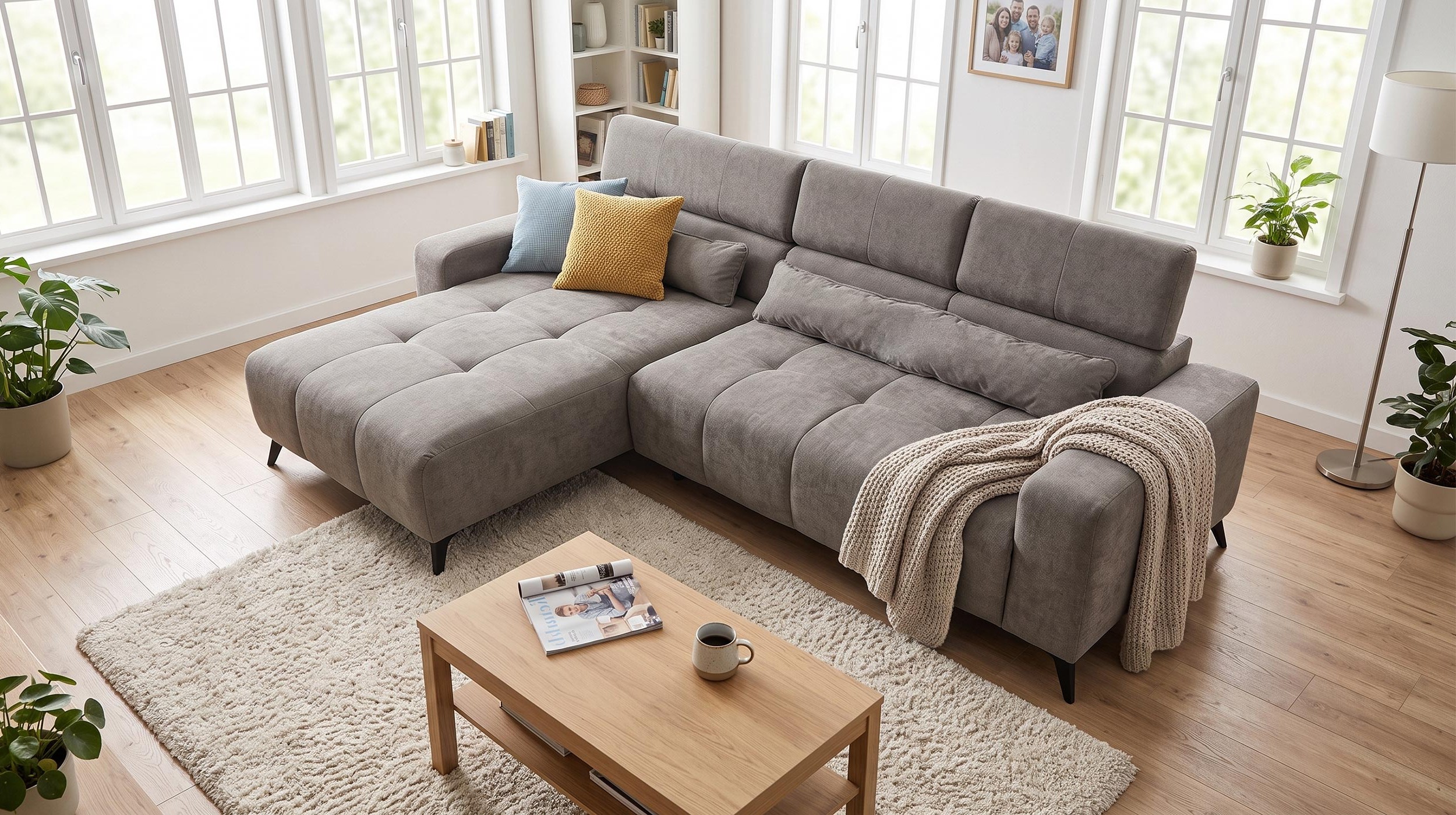Ecksofa grau 267 cm mit XXL-Sitztiefenverstellung - OT links - BALI