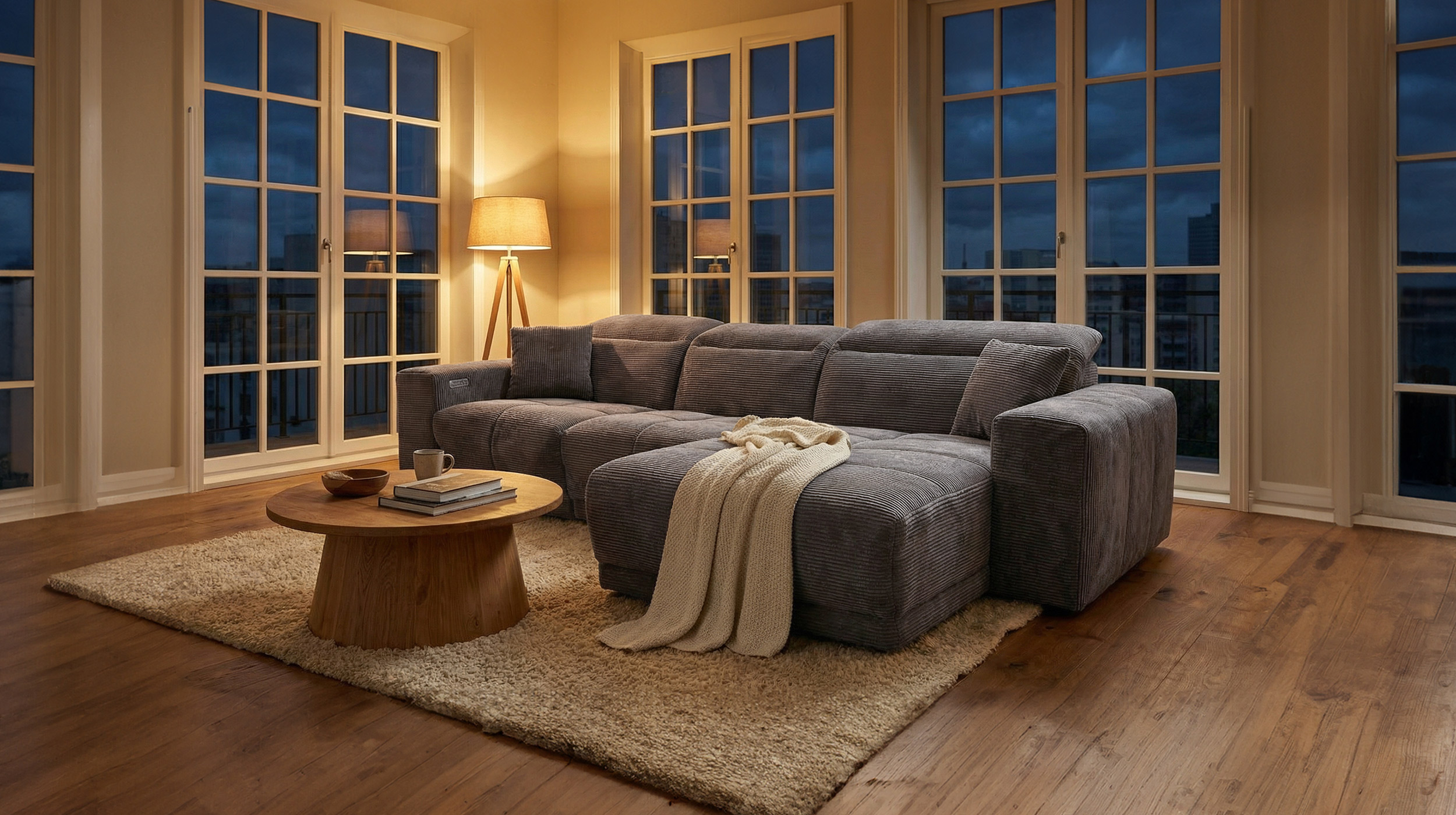 Ecksofa Cord grau 302 x 167 cm mit Relaxfunktion - OT rechts - TONI