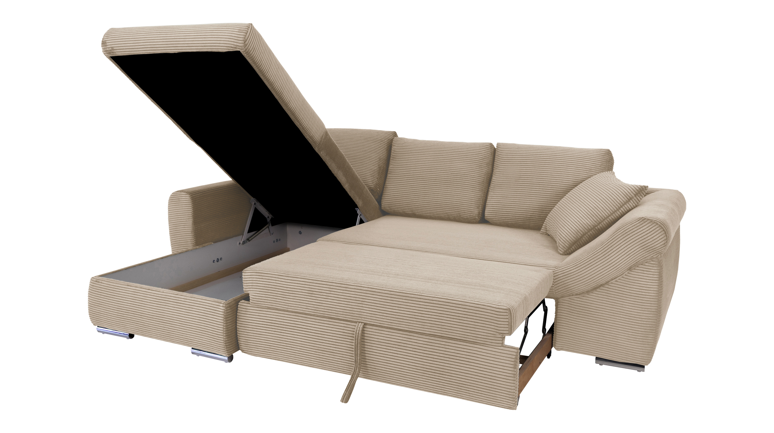 Ecksofa Schlaffunktion Bettkasten creme Cord 261 cm - RAMONA