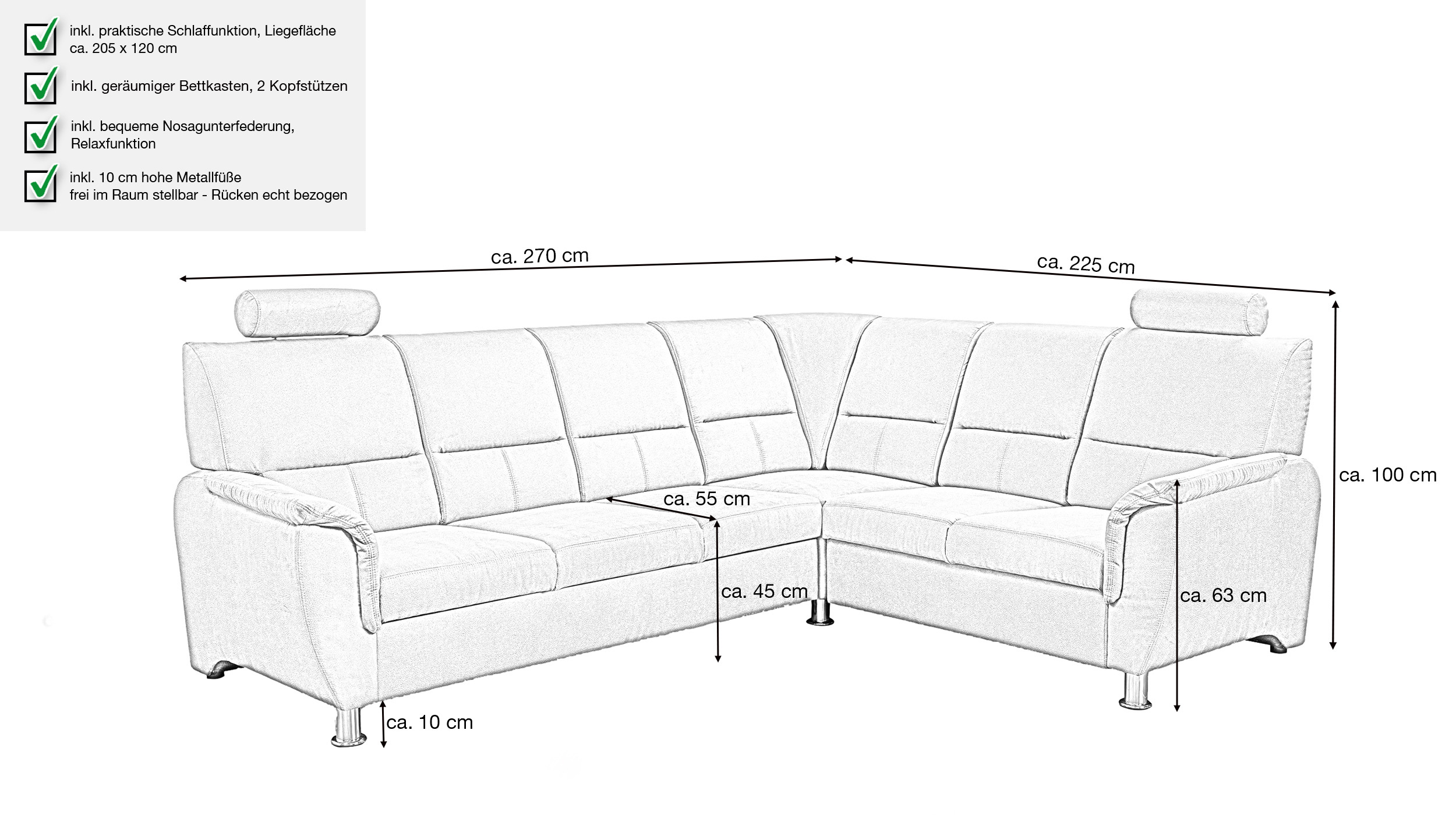 Ecksofa mit Schlaffunktion grau Bettkasten 270 cm - NEVADA 