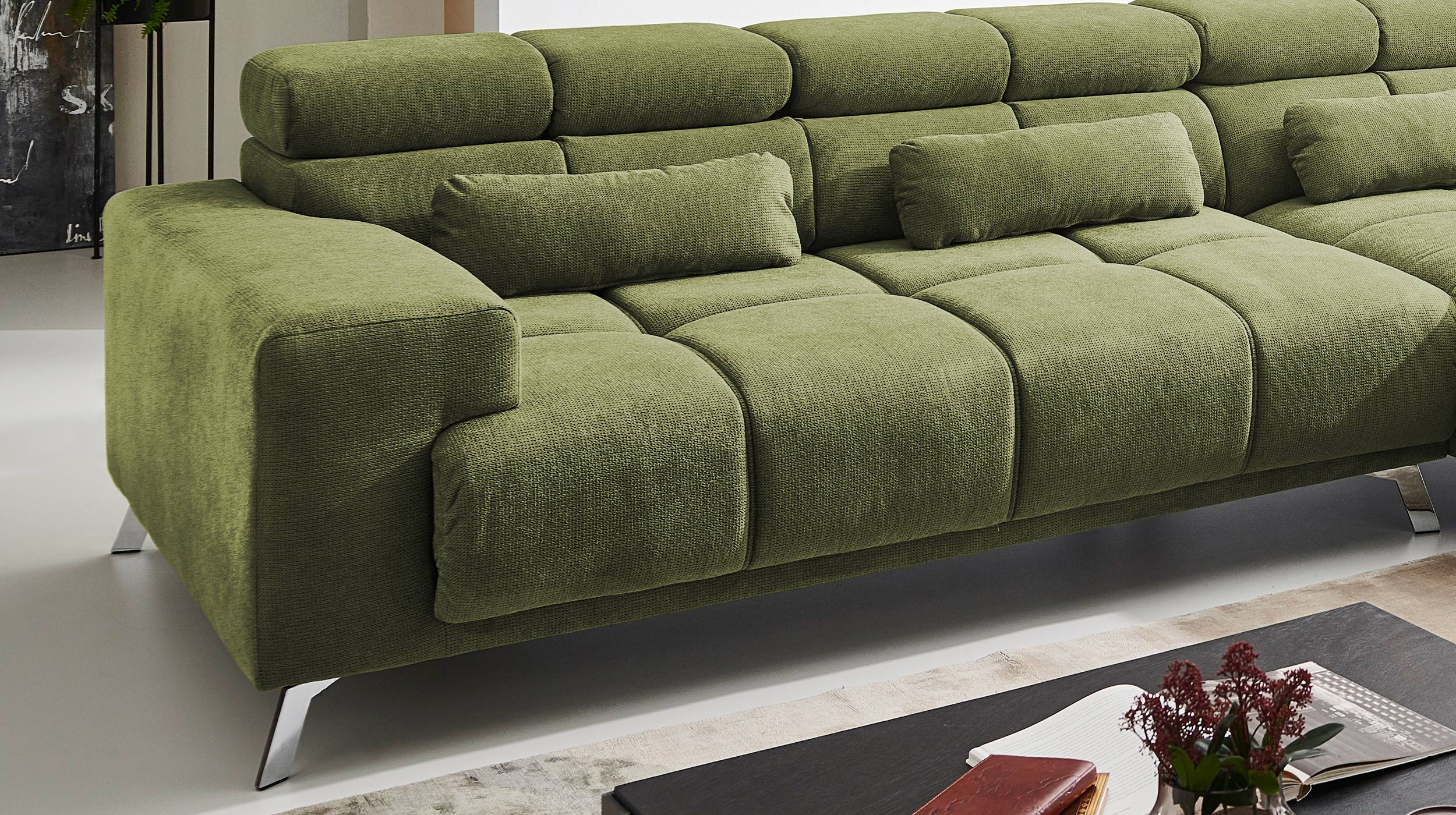 Ecksofa grün ausziehbar - Sitztiefenverstellung 285 cm - OT rechts - SPEED