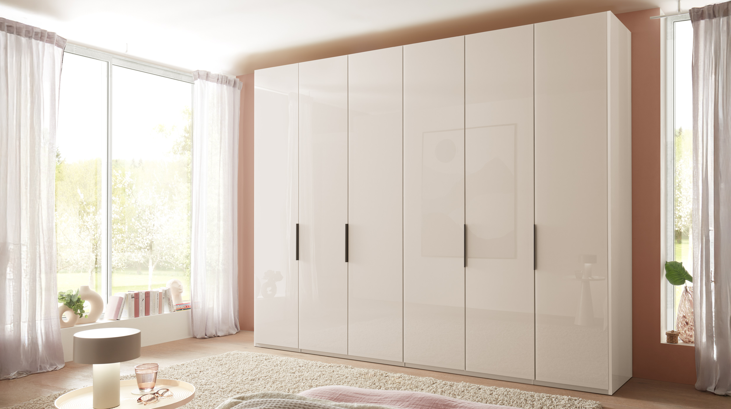 Kleiderschrank beige Glas 300 cm 4-türig - OHIO
