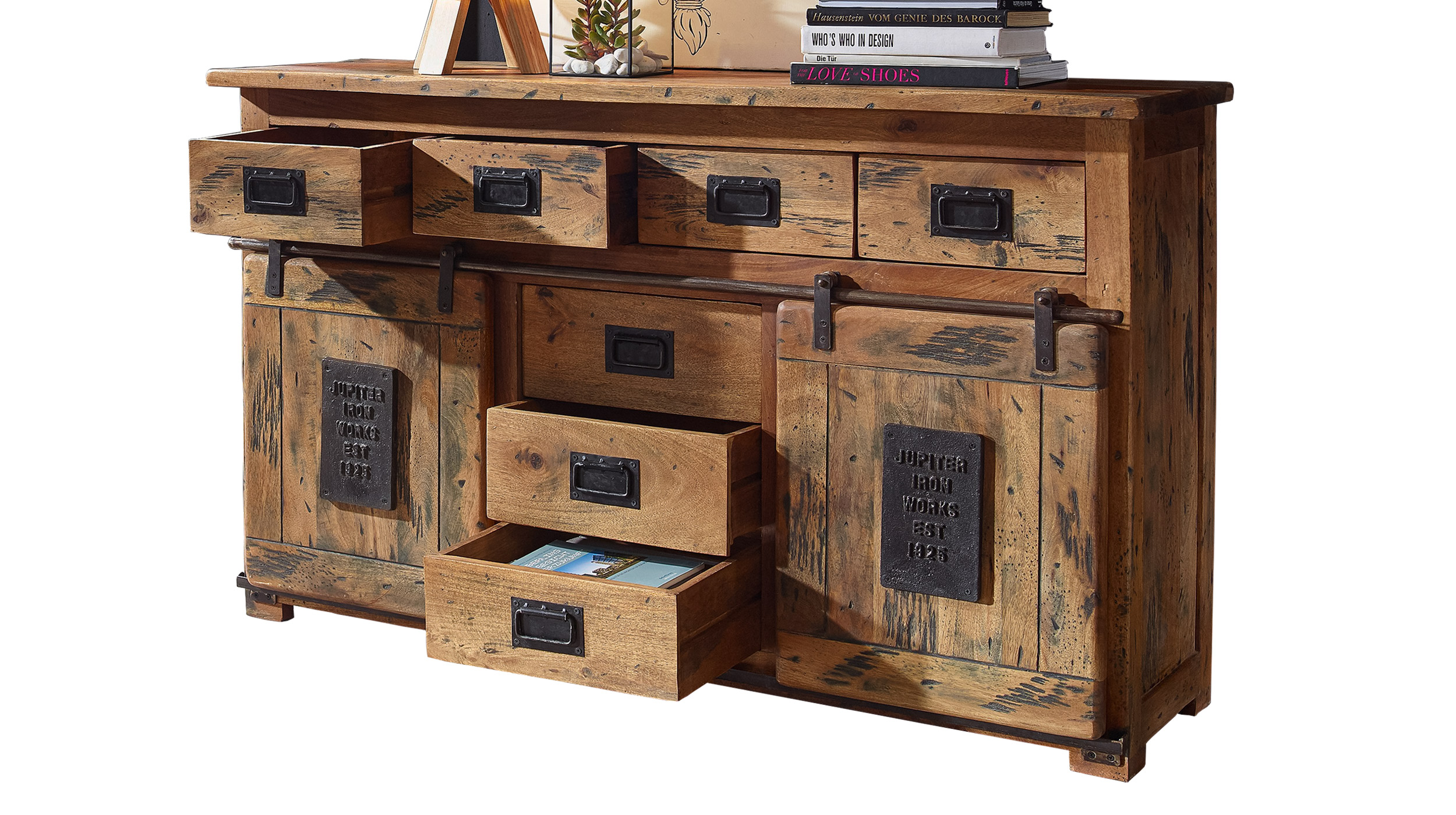 Sideboard mit 2 Rolltüren Mango massiv 150 cm - montiert - EMANUEL