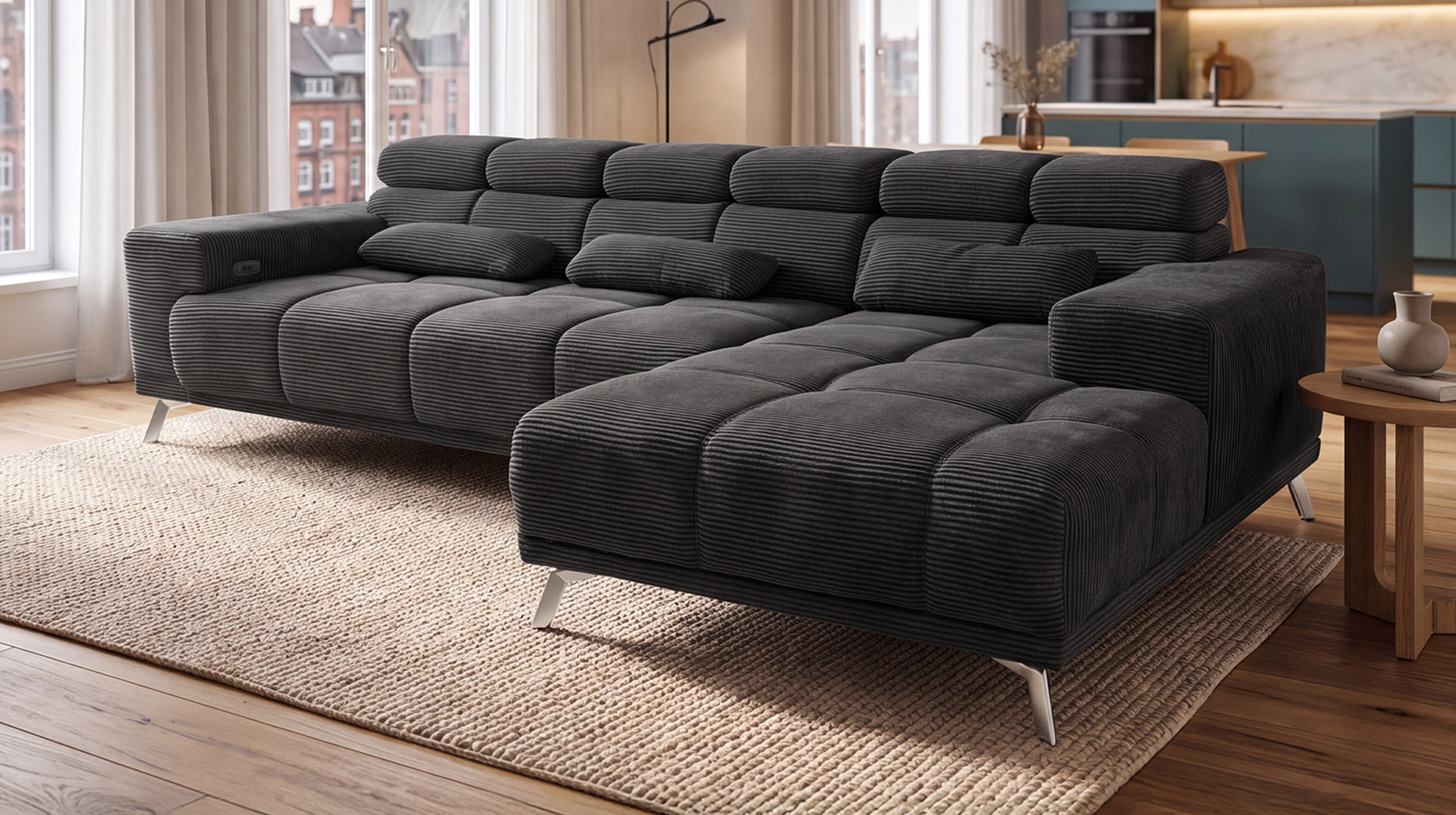 Ecksofa Cord grau elektrisch ausfahrbar 285 cm - OT rechts - SPEED