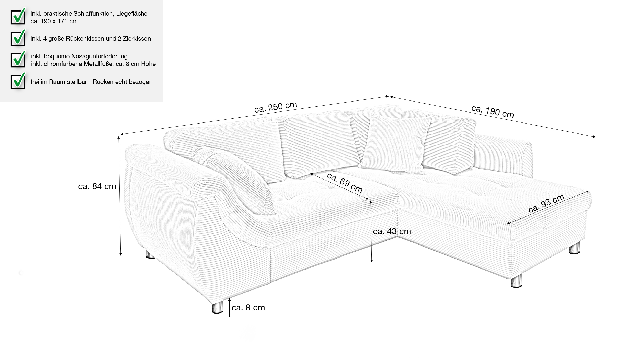 Ecksofa Cord grün Schlaffunktion OT rechts - LUNARO