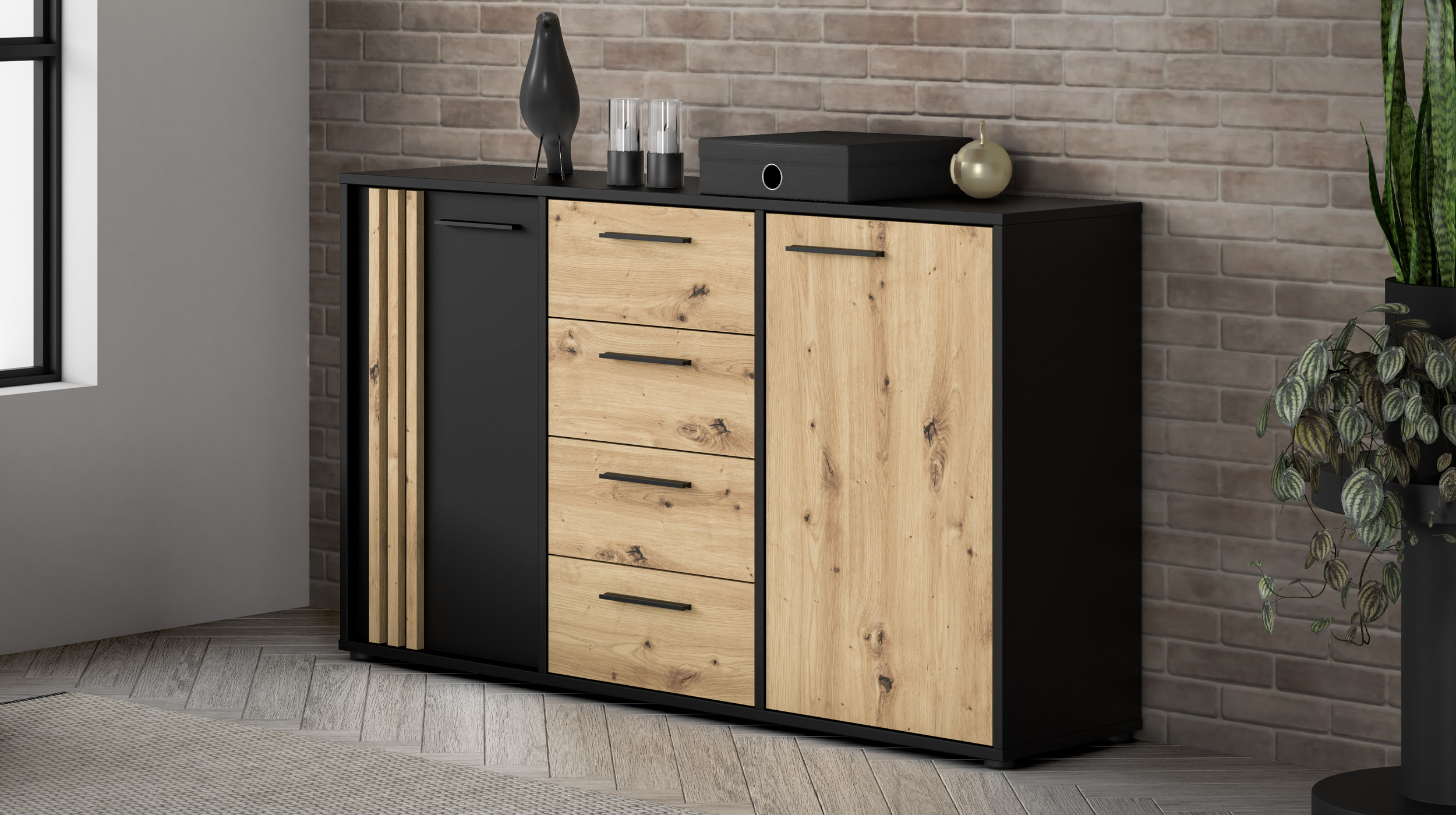 Kommode mit 4 Schubladen Artisan Eiche - schwarz 143 x 34 cm - CARDIGAN