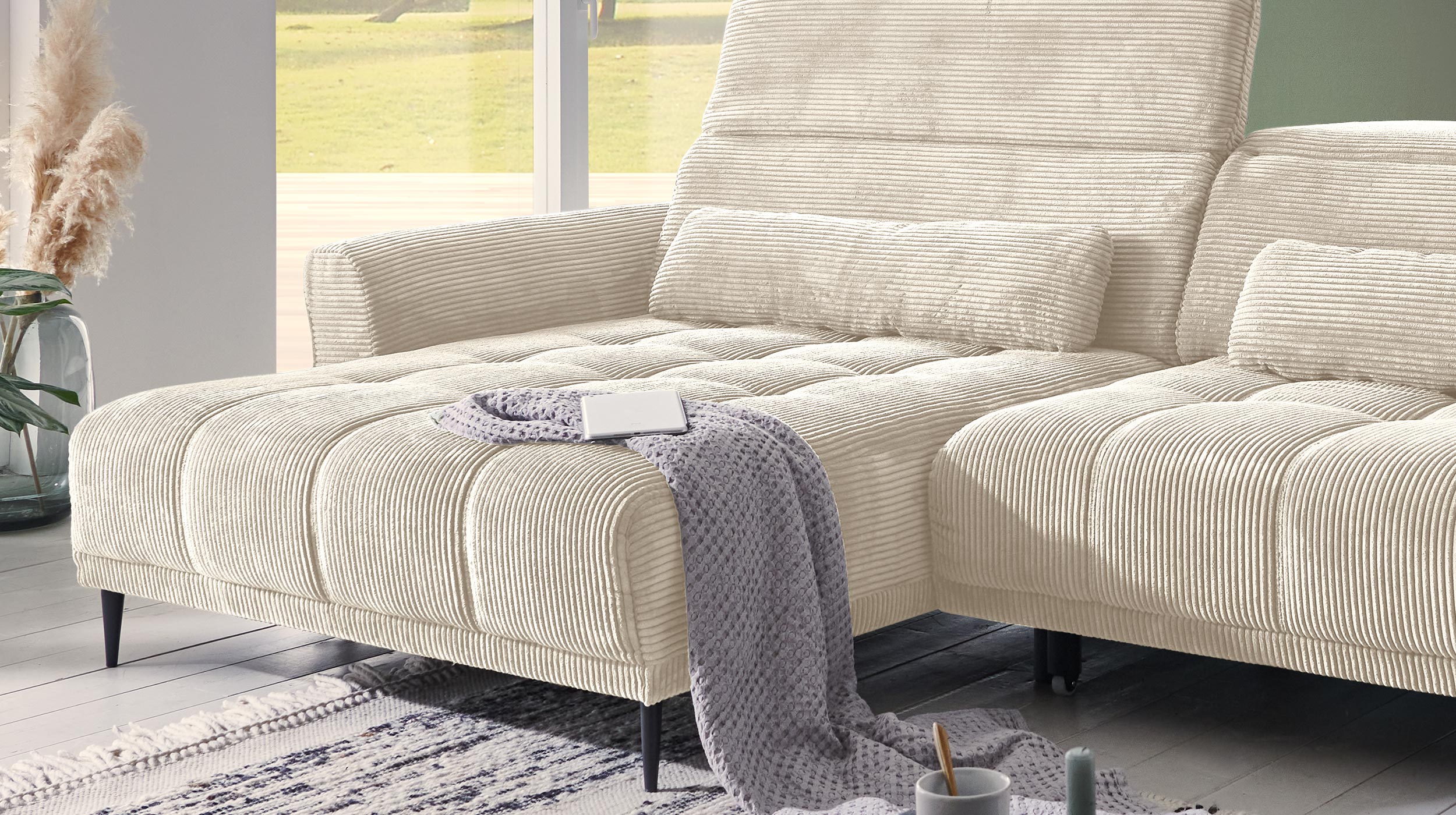 Ecksofa Cord beige ausziehbar - Sitztiefenverstellung - 277 cm - OT links - LOGAN