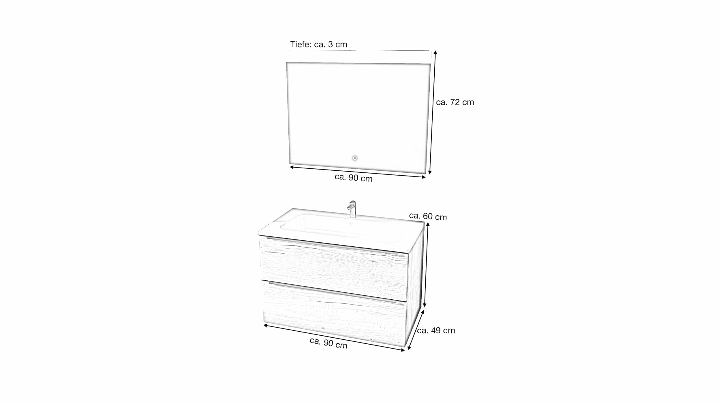 Badmöbel-Set Eiche - 2 Teile - Waschtisch 90 cm - SOLVEIG