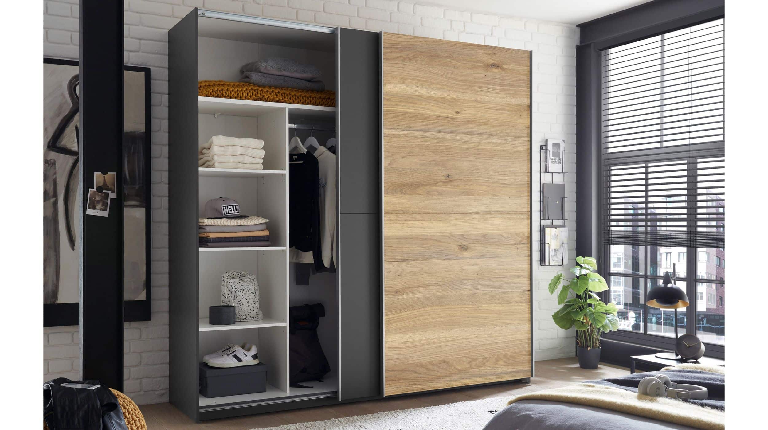 Schwebetürenschrank Eiche graphit - 215 cm - MELTON