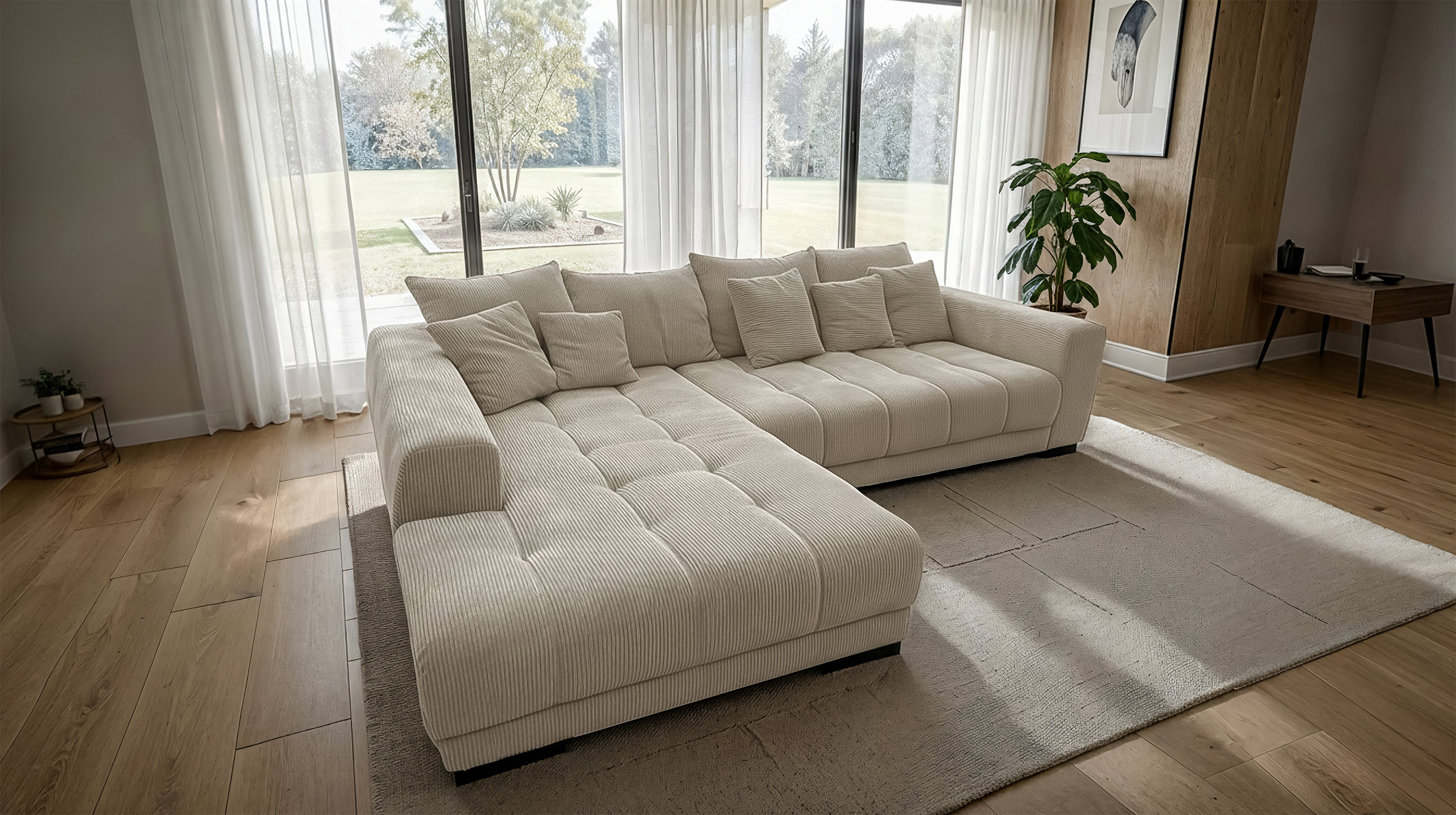 Ecksofa Cord beige elektrisch ausfahrbar 300 cm - OT links - ARTEMIS