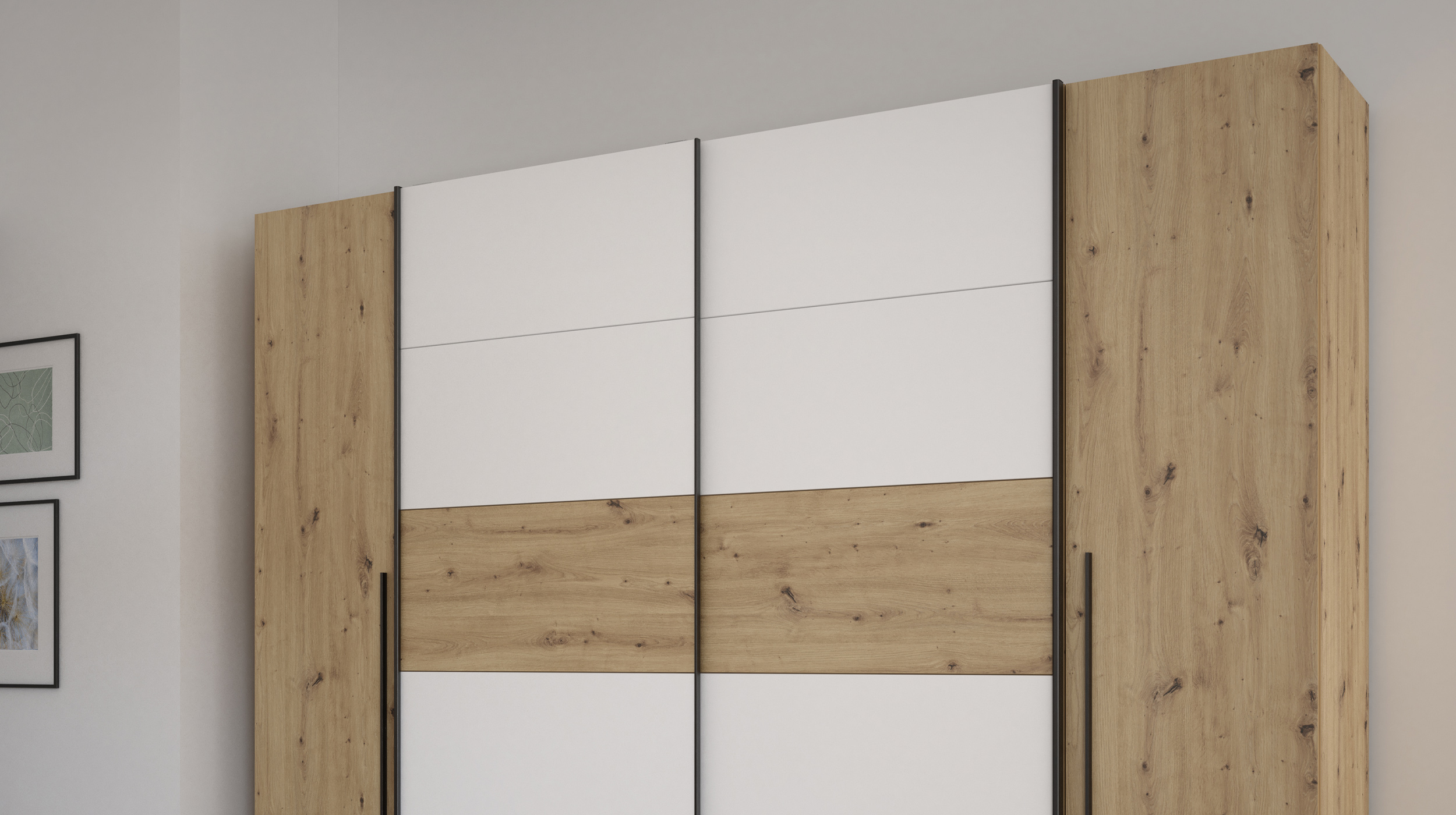 Kleiderschrank Artisan Eiche - weiß - 270 cm - Schwebetüren - NARAGO