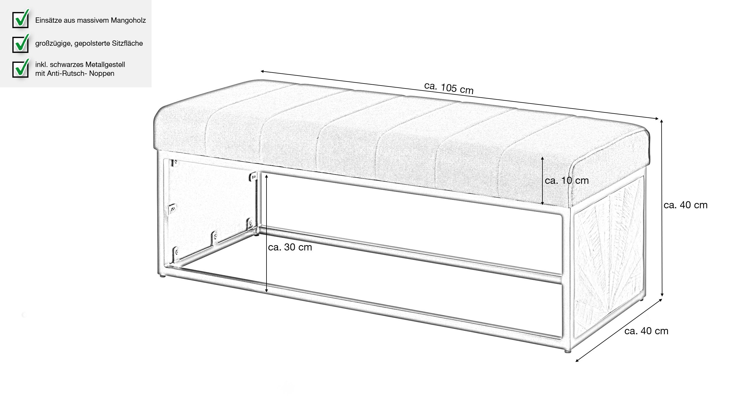 Sitzbank 105 cm Stoffbezug anthrazit Mango lackiert - MENJA