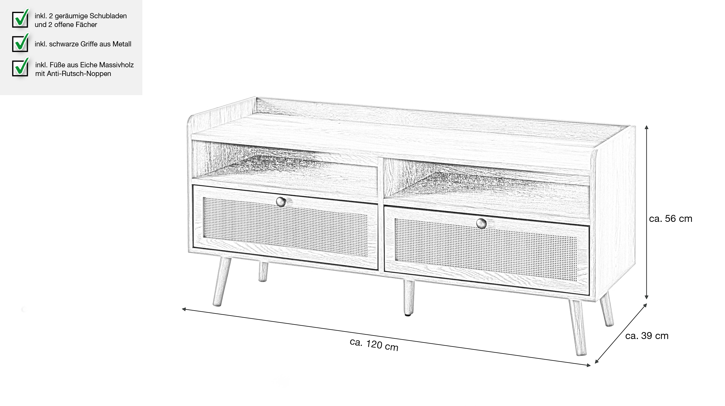 TV - Lowboard Eiche teilmassiv - Rattan 120 cm - RATVAN