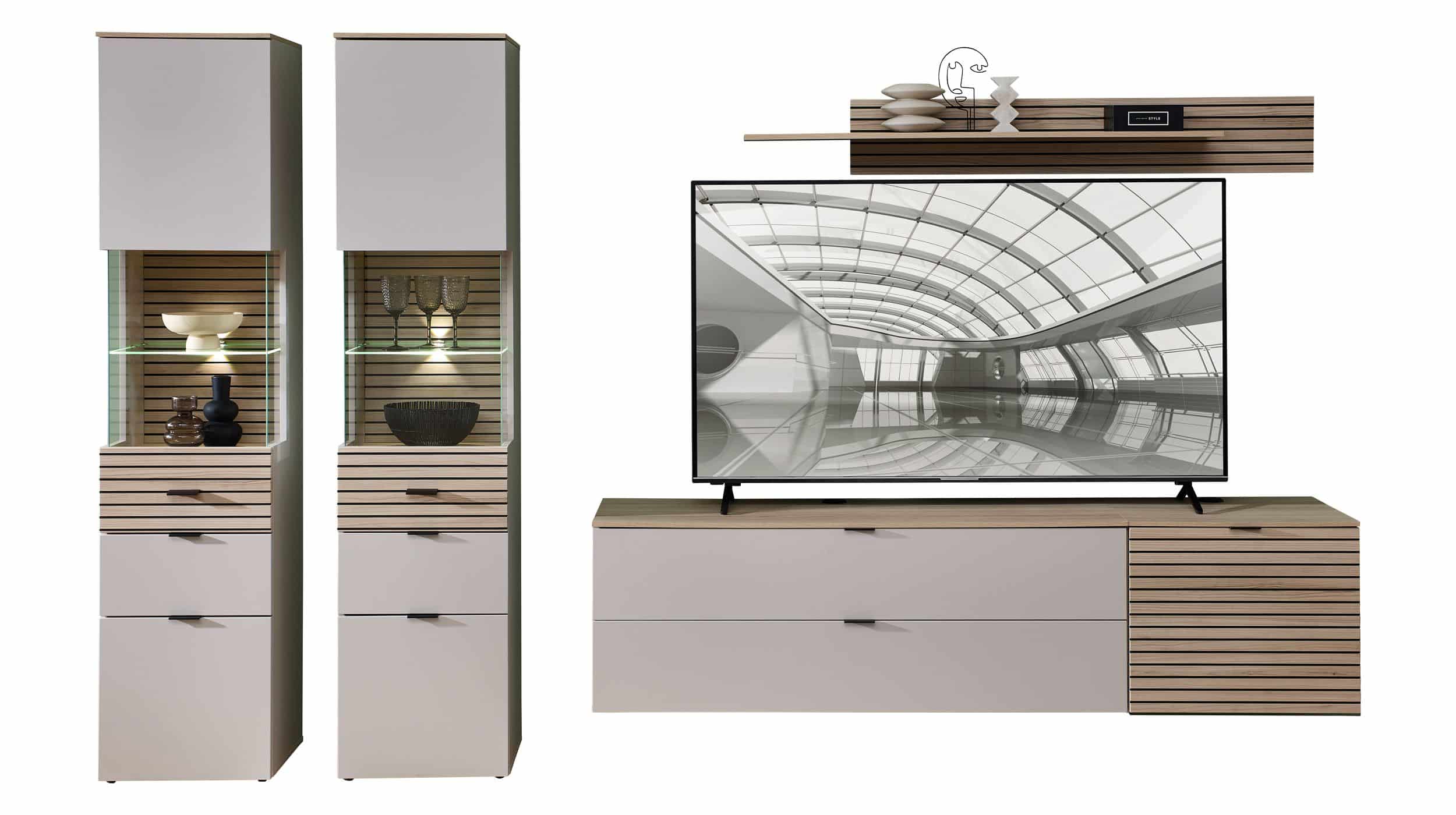 Wohnwand beige - Riva Eiche 320 cm LED-Beleuchtung - INA