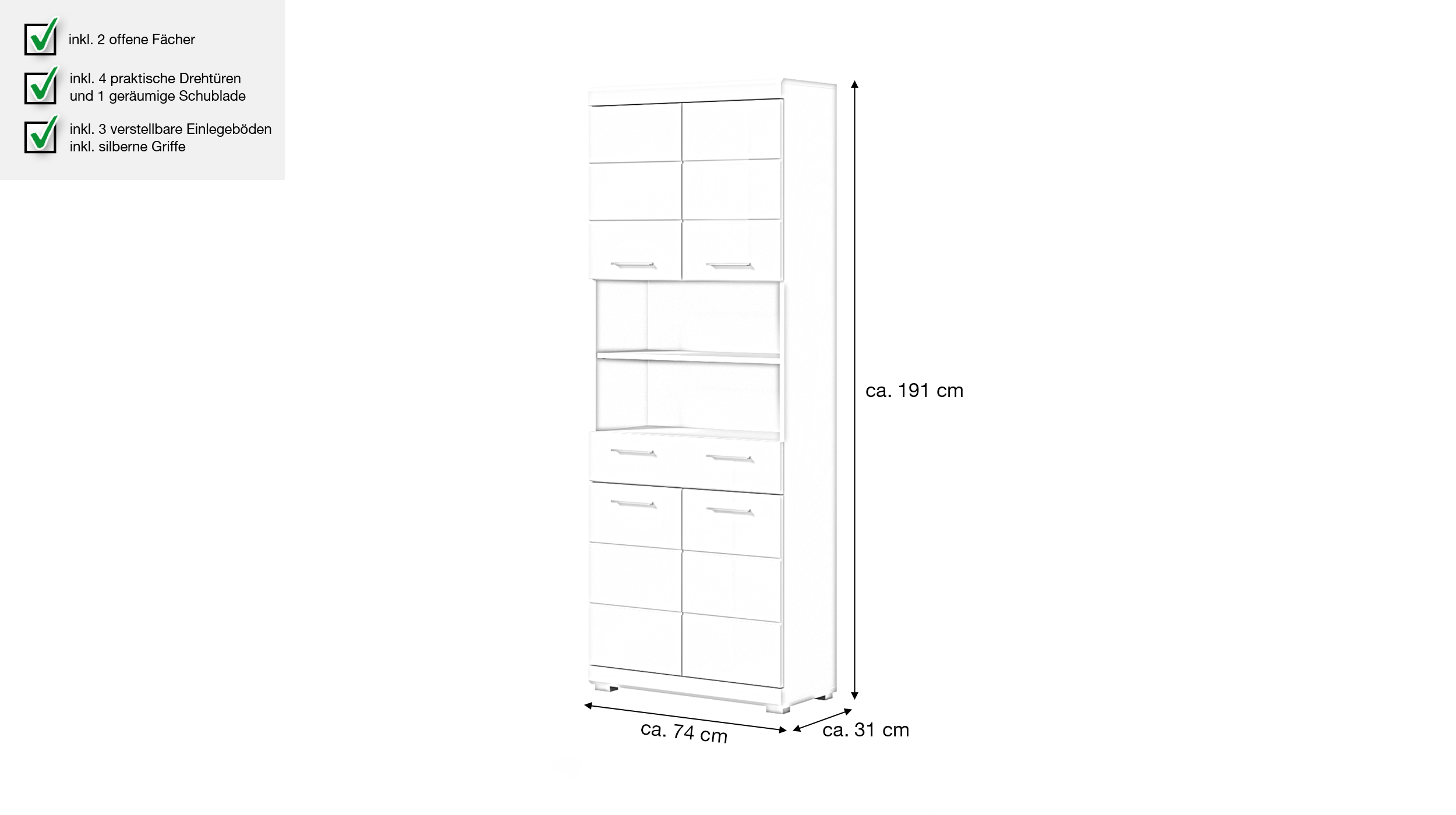 Bad Hochschrank weiß hochglanz 4 Türen Breite 74 cm - SCOUT