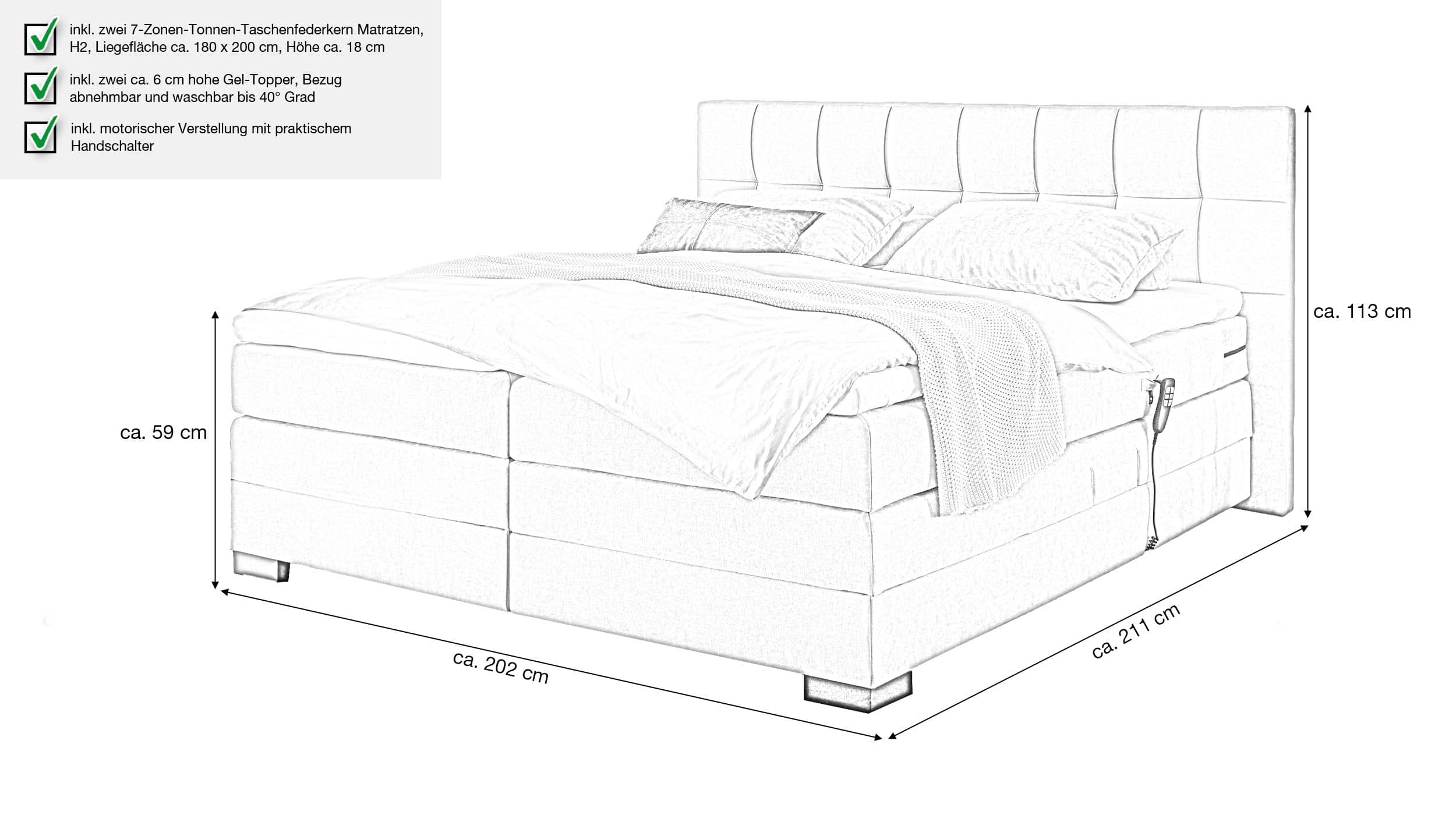 Boxspringbett 180 x 200 cm grau - elektrisch - Microfaser - TALENA