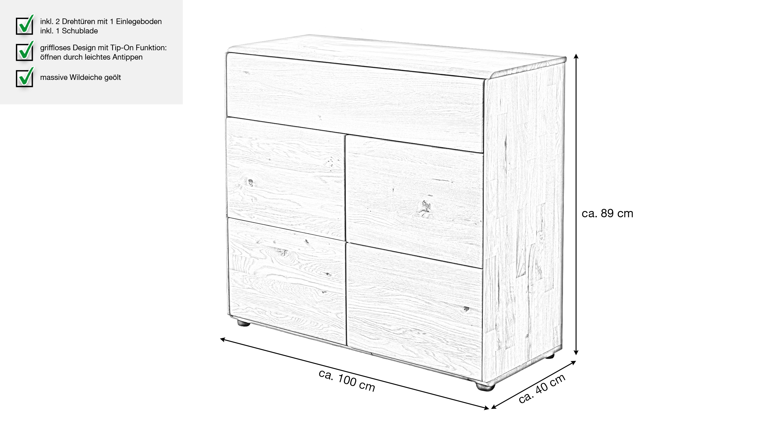 Kommode mit Schublade Wildeiche massiv geölt 100 cm - SKOV