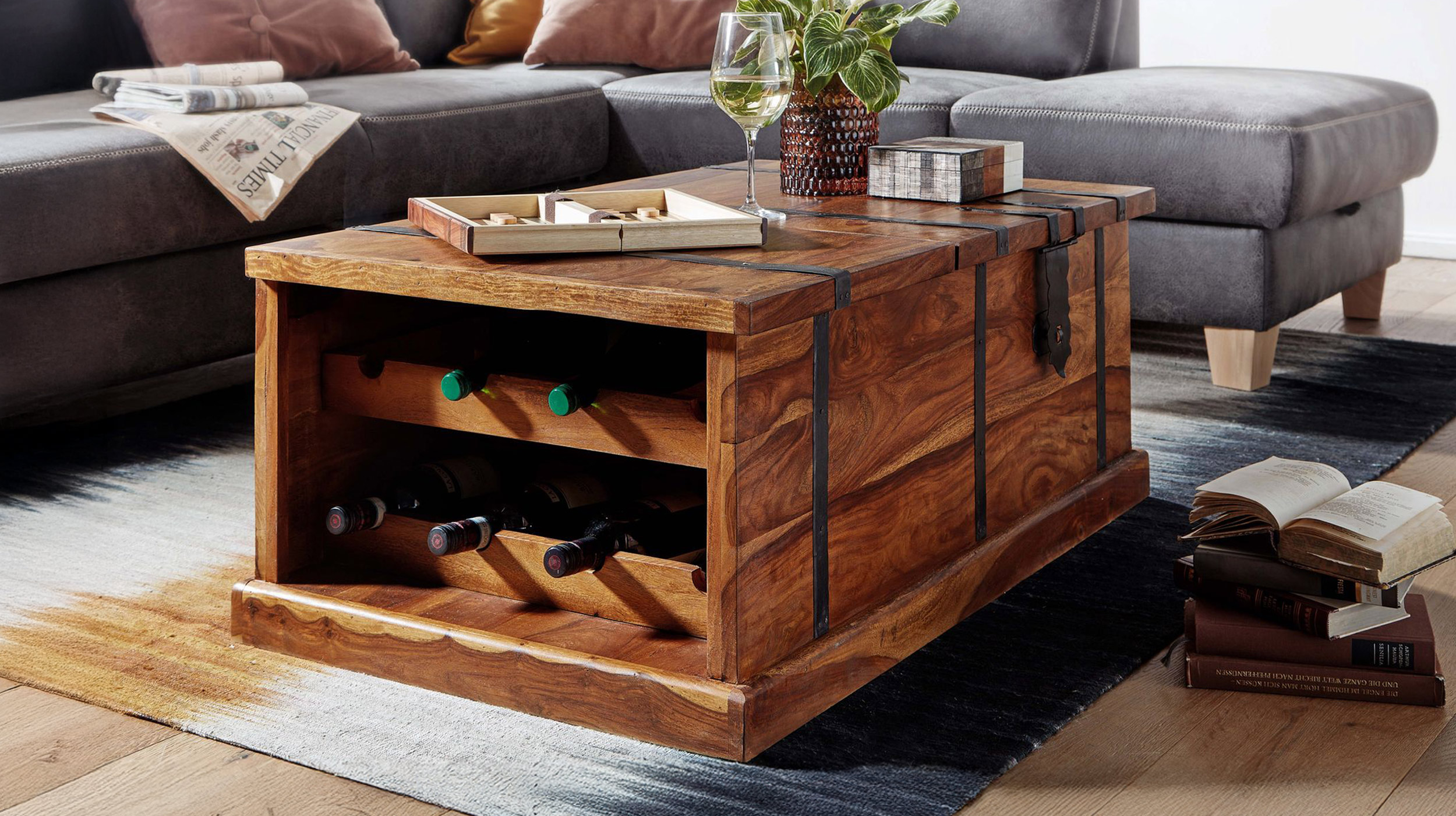 Couchtisch Sheesham massiv gebeizt 100 x 60 cm - Truhentisch - STIG