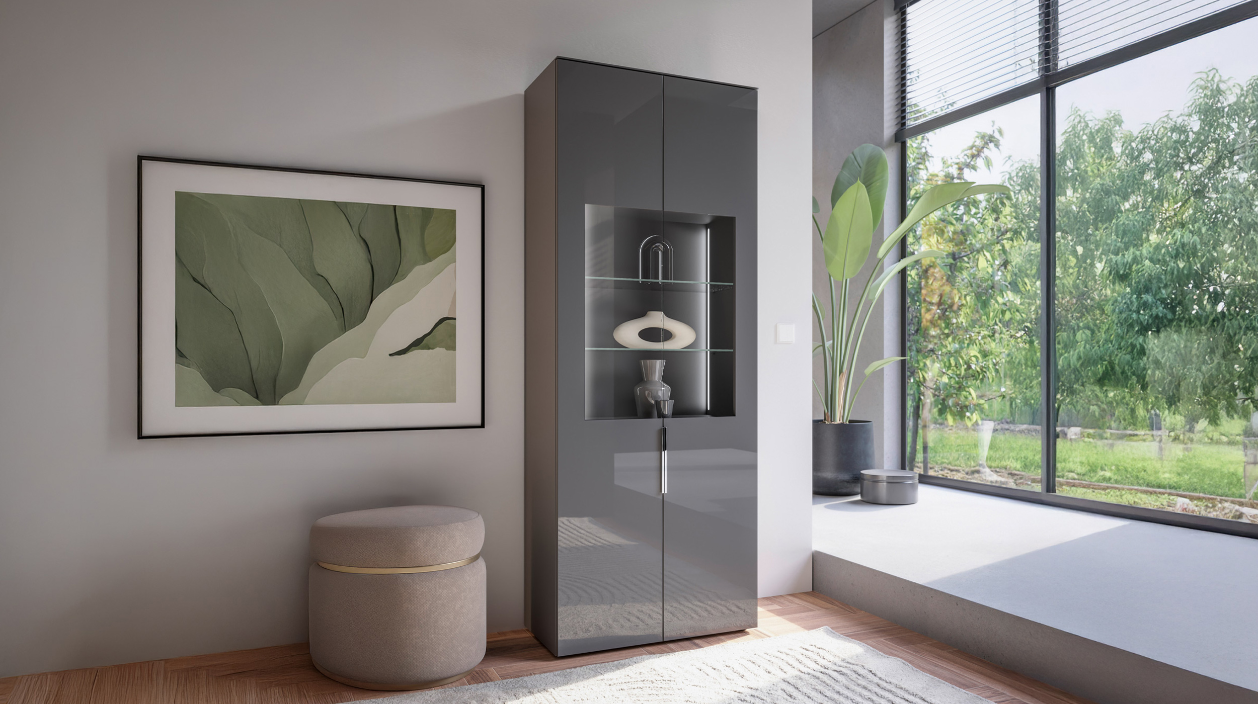 Vitrine mit Beleuchtung anthrazit - Glasfront - Breite 75 cm - SANTORIN