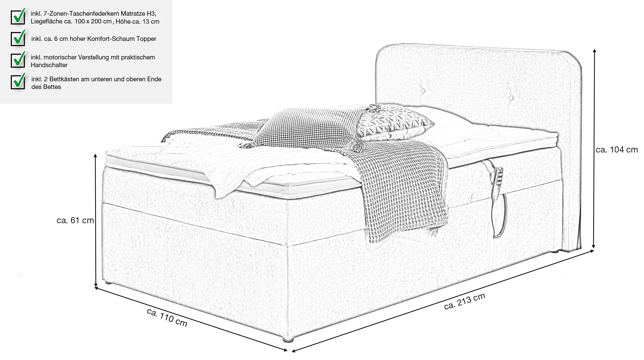 Boxbett 100 x 200 cm grau Bettkasten - elektrisch  - GABRIOLA