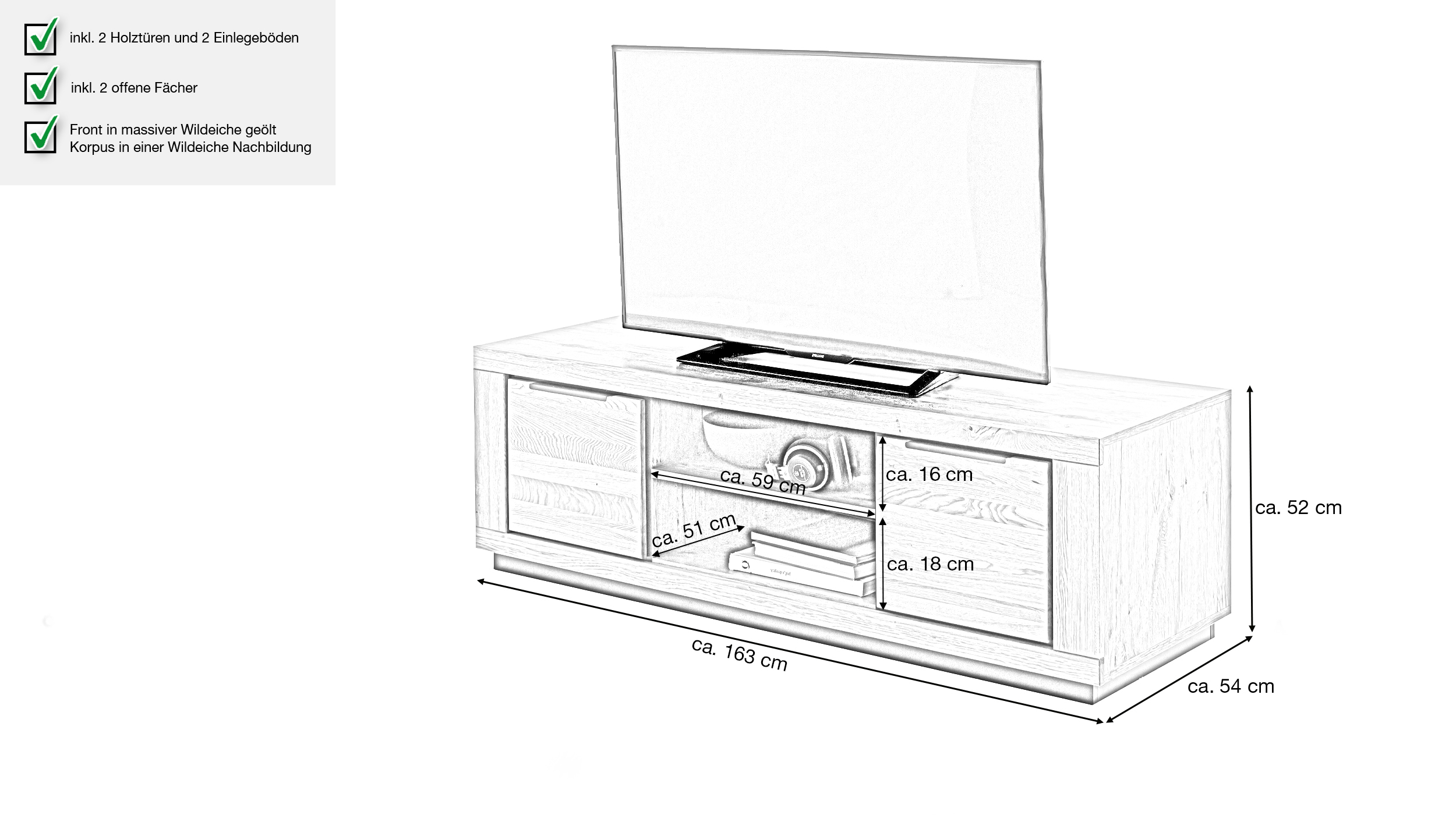TV-Lowboard Wildeiche massiv geölt 163 cm - GRENO