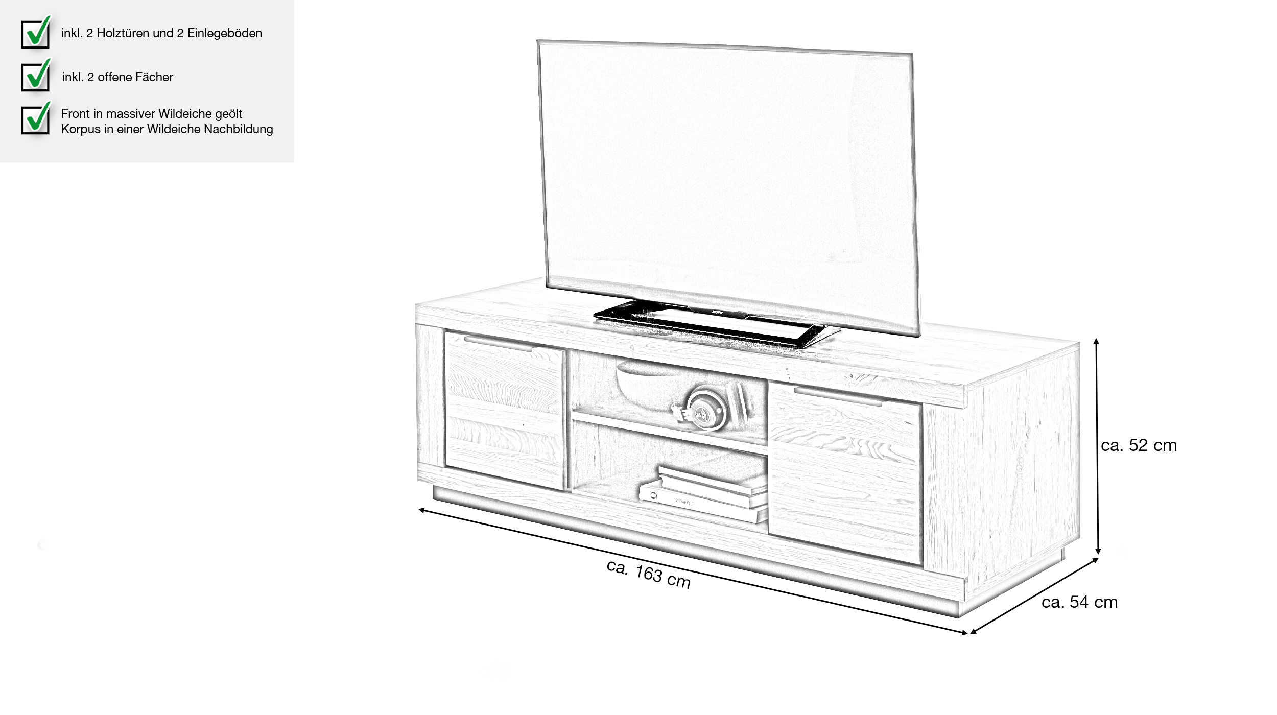 TV-Lowboard Wildeiche teilmassiv geölt 163 cm - GRENO