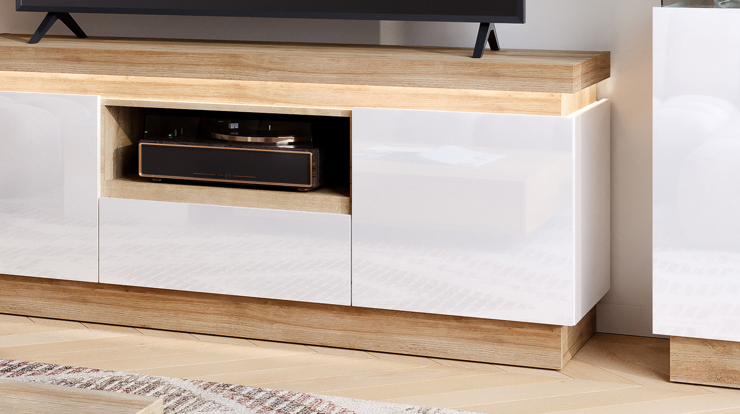 TV - Lowboard mit Beleuchtung weiß Hochglanz - Eiche 160 cm - LYON