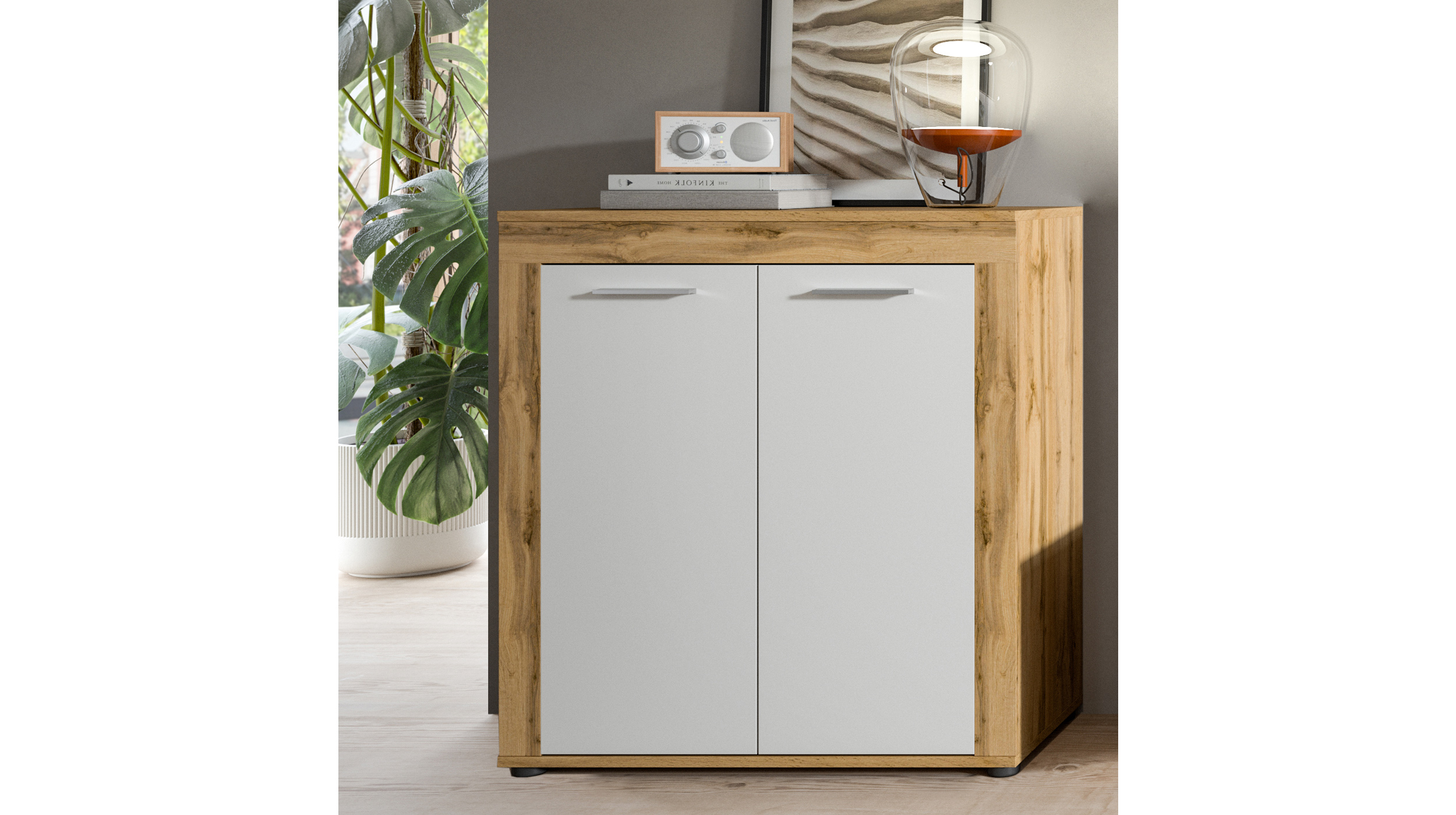 Kommode mit 2 Türen weiß Wotan Eiche 80 x 35 cm - JAM