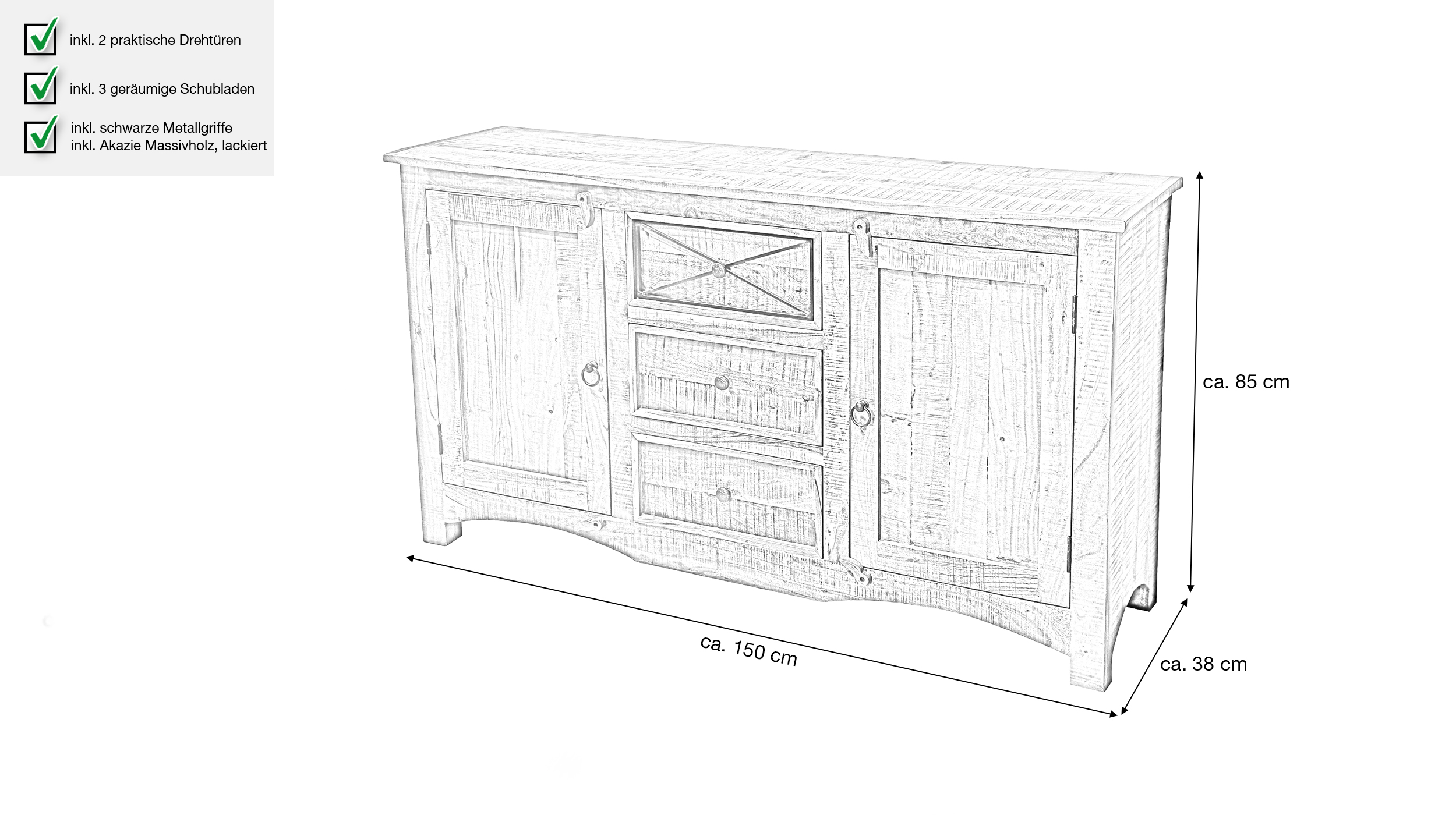 Sideboard 150 cm Akazie massiv lackiert montiert - ACANO